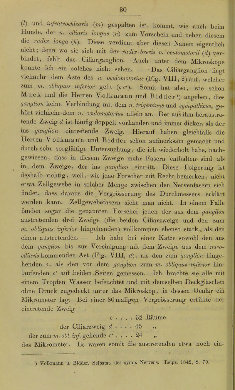 (/) und infratrochlearis (m) gespalten ist, kommt, wie auch beim Hunde, der n. ciliaris longus (n) zum Vorschein und neben diesem die radix longa (h). Diese verdient aber diesen Namen eigentlich nicht; denn wo sie sich mit der radix-brems n.~oculomotorii (d) ver- bindet, fehlt das Ciliarganglion. Auch unter dem Mikroskope konnte ich ein solches nicht sehen. — Das Ciliarganglion liegt vielmehr dem Aste des n. oculomoiorius (Fig. VIII, 2) auf, welcher zum m. obliquus inferior geht (c c'). Somit hat also, wie schon Muck und die Herren Volk mann und Bidder1) angeben, dies ganglion keine Verbindung mit dem n. trigeminus und sympathicus, ge- höit vielmehr dem n. oculomoiorius allein an. Der aus ihm heraustre- tende Zweig d ist häufig doppelt vorhanden und immer dicker, als der ins ganglion eintretende Zweig. Hierauf haben gleichfalls die Herren Volkmann und Bidder schon aufmerksam gemacht und durch sehr sorgfältige Untersuchung, die ich wiederholt habe, nach- gewiesen, dass in diesem Zweige mehr Fasern enthalten sind als in. dem Zweige, der ins ganglion ,eintritt. Diese Folgerung ist deshalb richtig, weil,• wie jene Forscher mit Recht bemerken, nicht etwa Zellgewebe in solcher Menge zwischen den Nervenfasern sich findet, dass daraus die VergrÖsserung des Durchmessers erklärt werden kann. Zellgewebefasern sieht man nicht, ln einem Falle fanden sogar die genannten Forscher jeden der aus dem ganglion aus tretenden drei Zweige (die beiden Ciliarzvveige und den zum m. ohliquus inferior hingebenden) vollkommen ebenso stark, als den einen austretenden. — Ich habe bei einer Katze sowohl den aus dem ganglion bis zur Vereinigung mit dem Zw-eige aus dem naso- ciliaris kommenden Ast (Fig. VIII, d), als den zum ganglion hinge- henden c, als den vor dem ganglion zum rn. obliquus inferior hin- laufenden c‘ auf beiden Seiten gemessen. Ich brachte sie alle mit einem Tropfen Wasser befeuchtet und mit demselben Deckgläschen ohne Druck zugedeckt unter das Mikroskop, in dessen Ocular ein Mikrometer lag-. Bei einer 80 maligen VergrÖsserung erfüllte der eintretende Zweig c .... 32 Räume der Ciljarzweig d .... 45 „ der zum m. obl. inf. gehende c‘ .... 24 „ des Mikrometer. Es waren somit die austretenden etwa noch ein- ') Volkmann u. Bidder, Selbstst. des symp. Nervens. Leipz. 1842, S. 79.