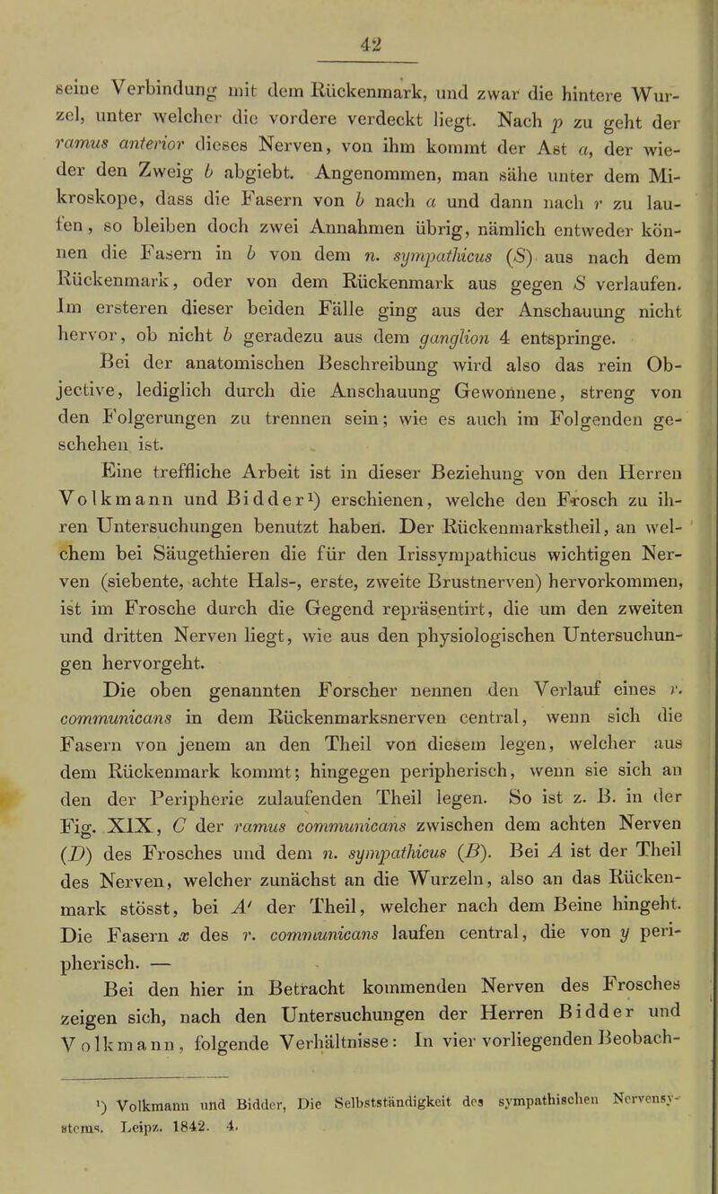 seine Verbindung mit dem Rückenmark, und zwar die hintere Wur- zel, unter welcher die vordere verdeckt liegt. Nach p zu geht der ramus anterior dieses Nerven, von ihm kommt der Ast a, der wie- der den Zweig b abgiebt. Angenommen, man sähe unter dem Mi- kroskope, dass die Fasern von b nach a und dann nach r zu lau- len , so bleiben doch zwei Annahmen übrig, nämlich entweder kön- nen die Fasern in b von dem n. sympatliicus (S) aus nach dem Rückenmark, oder von dem Rückenmark aus gegen S verlaufen. Im ersteren dieser beiden Fälle ging aus der Anschauung nicht hervor, ob nicht b geradezu aus dem ganglion 4 entspringe. Bei der anatomischen Beschreibung wird also das rein Ob- jective, lediglich durch die Anschauung Gewonnene, streng von den Folgerungen zu trennen sein; wie es auch im Folgenden ge- schehen ist. Eine treffliche Arbeit ist in dieser Beziehung von den Herren Volkmann und Bidder1) erschienen, welche den F-rosch zu ih- ren Untersuchungen benutzt haben. Der Rückenmarkstheil, an wel- chem bei Säugethieren die für den Irissympathicus wichtigen Ner- ven (siebente, achte Hals-, erste, zweite Brustnerven) hervorkommen, ist im Frosche durch die Gegend repräsentirt, die um den zweiten und dritten Nerven liegt, wie aus den physiologischen Untersuchun- gen hervorgeht. Die oben genannten Forscher nennen den Verlauf eines r. communicans in dem Rückenmarksnerven central, wenn sich die Fasern von jenem an den Theil von diesem legen, welcher aus dem Rückenmark kommt; hingegen peripherisch, wenn sie sich an den der Peripherie zulaufenden Theil legen. So ist z. B. in der Fier. XIX, C der ramus communicans zwischen dem achten Nerven (TJ) des Frosches und dem n. sympatliicus (B). Bei A ist der Theil des Nerven, welcher zunächst an die Wurzeln, also an das Rücken- mark stosst, bei A' der Theil, welcher nach dem Beine hingeht. Die Fasern x des r. communicans laufen central, die von y peri- pherisch. — Bei den hier in Betracht kommenden Nerven des Frosches zeigen sich, nach den Untersuchungen der Herren Bidder und Volk m a nn , folgende Verhältnisse: In vier vorliegenden Beobach- ') Volkmann und Bidder, Die Selbstständigkeit des sympathischen Nervensy- stems. Leipz. 1842. 4.