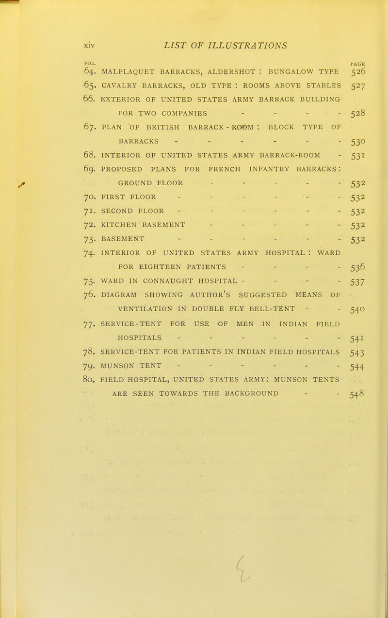 FIG. PAGE 64. MALPLAQUET BARRACKS, ALDERSHOT : BUNGALOW TYPE 526 65. CAVAI.RY BARRACKS, OLD TYPE : ROOMS ABOVE STABLES 527 66. EXTERIOR OF UNITED STATES ARMY BARRACK BUILDING FOR TWO COMPANIES .... ^28 67. PLAN OF BRITISH BARRACK - ROOM : BLOCK TYPE OF BARRACKS 530 68. INTERIOR OF UNITED STATES ARMY BARRACK-ROOM - 53I 6g. PROPOSED PLANS FOR FRENCH INFANTRY BARRACKS: GROUND FLOOR . - . . . ^32 70. FIRST FLOOR - - - - - - 532 71. SECOND FLOOR - ..... ^32 72. KITCHEN BASEMENT - ... - ^32 73. BASEMENT ...... ^32 74. INTERIOR OF UNITED STATES ARMY HOSPITAL : WARD FOR EIGHTEEN PATIENTS - - - - 536 75. WARD IN CONNAUGHT HOSPITAL - - - - 537 76. DIAGRAM SHOWING AUTHOR's SUGGESTED MEANS OF VENTILATION IN DOUBLE FLY BELL-TENT - - 540 77. SERVICE-TENT FOR USE OF MEN IN INDIAN FIELD HOSPITALS ...... 5^1 78. SERVICE-TENT FOR PATIENTS IN INDIAN FIELD HOSPITALS 543 79. MUNSON TENT 80. FIELD HOSPITAL, UNITED STATES ARMY: MUNSON TENTS ARE SEEN TOWARDS THE BACKGROUND - - 548