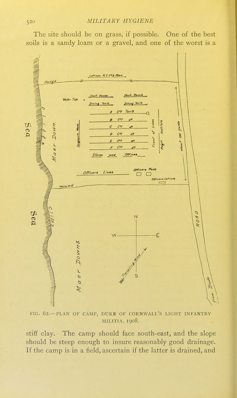 The site should be on grass, if possible. One of the best soils is a sandy loam or a gravel, and one of the worst is a FIG. 62.—PLAN OF CAMP, DUKE OF CORNWALL'S LIGHT INFANTRY MILITIA, 1908. stiff clay. The camp should face soiith-east, and the slope should be steep enough to insure reasonably good drainage. If the camp is in a field, ascertain if the latter is drained, and