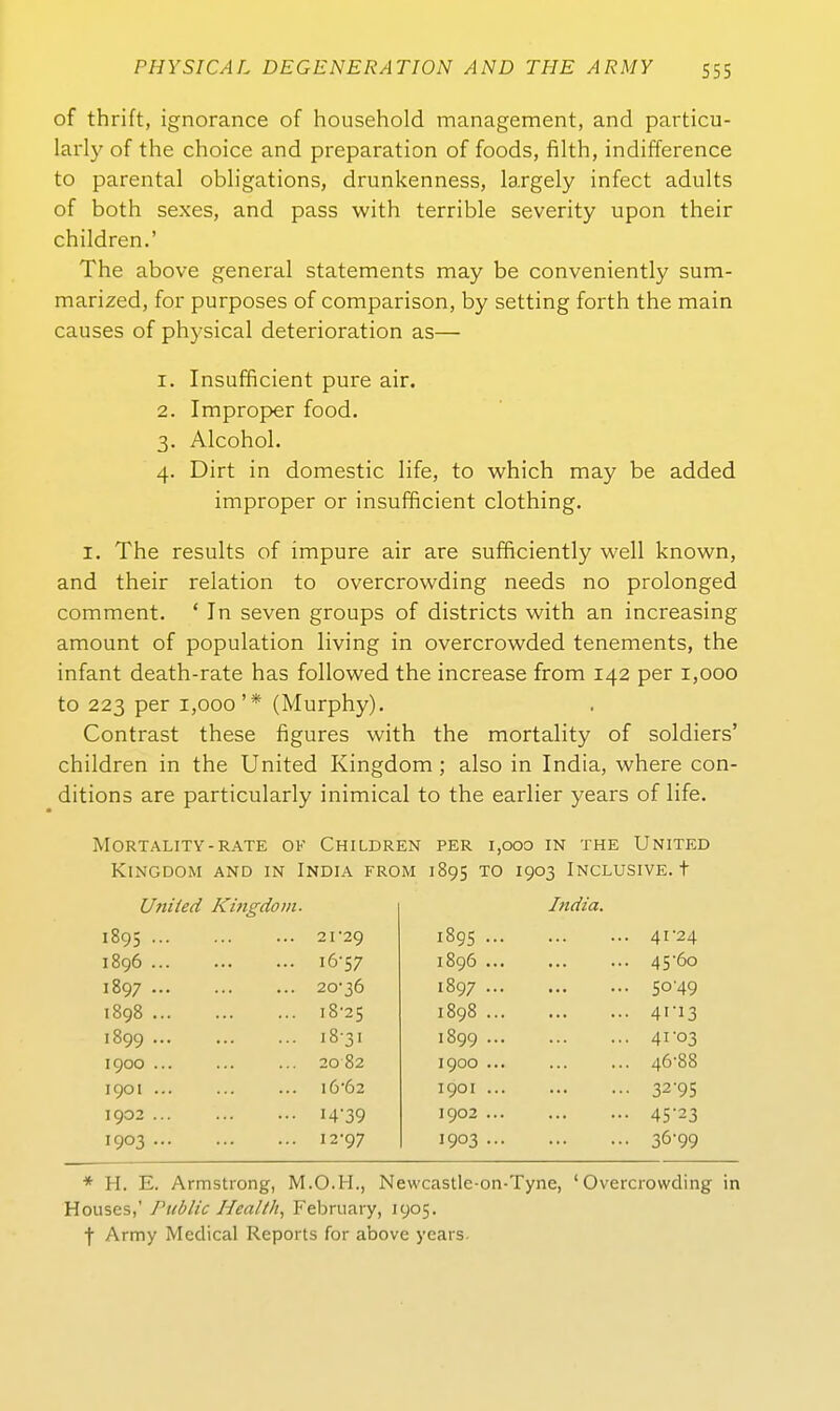 of thrift, ignorance of household management, and particu- larly of the choice and preparation of foods, filth, indifference to parental obligations, drunkenness, largely infect adults of both sexes, and pass with terrible severity upon their children.' The above general Statements may be conveniently sum- marized, for purposes of comparison, by setting forth the main causes of physical deterioration as— I. 2. 3- 4- Insufficient pure air. Improper food. Alcohol. Dirt in domestic Hfe, to which may be added improper or insufficient clothing. I. The results of impure air are sufficiently well known, and their relation to overcrowding needs no prolonged comment. * In seven groups of districts with an increasing amount of population living in overcrowded tenements, the Infant death-rate has followed the increase from 142 per 1,000 to 223 per 1,000'* (Murphy). Contrast these figures with the mortality of soldiers' children in the United Kingdom ; also in India, where con- ditions are particularly inimical to the earlier years of life. Mortality-RATE of Children per i,ooo in the United KlNGDOM AND IN INDIA FROM 1895 TO I903 INCLUSIVE, t United Kmgdom. India. 1895 ... 2r29 1895 ... 41-24 1896 ... 16-57 1896 ... 45-60 1897 ... 20-36 1897 ... 5049 1898 ... 18-25 1898 ... 4ii3 1899 ... 18-31 1899 ... 4i'o3 1900 ... 2082 1900 ... ... 46-88 I90I 16-62 1901 ••• 32-95 1902 ... ... 14-39 1902 ... 45-23 1903 ... 12-97 1903 ... 36-99 * H. E. Armstrong, M.O.H., Newcastle-on-Tyne, 'Overcrowding in Houses,' Public Health., February, J905. •j- Army Medical Reports for above years.