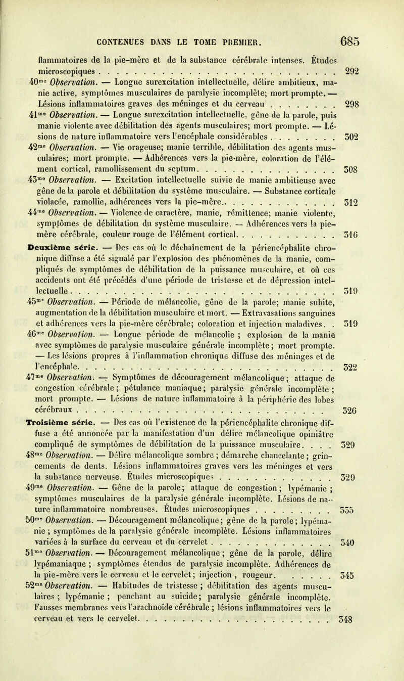 flammatoires de la pie-mère et de la substance cérébrale intenses. Études microscopiques 292 40'« Observation. — Longue surexcitation intellectuelle, délire ambitieux, ma- nie active, symptômes musculaires de paralysie incomplète; mort prompte. — Lésions inflammatoires graves des méninges et du cerveau 298 4i°'« Observation. — Longue surexcitation intellectuelle, gêne de la parole, puis manie violente avec débilitation des agents musculaires; mort prompte. — Lé- sions de nature inflammatoire vers l'encéphale considérables 502 42'°^ Observation. — Vie orageuse; manie terrible, débilitation des agents mus- culaires; mort prompte. — Adhérences vers la pie-mère, coloration de l'élé- ment cortical, ramollissement du seplum 508 45'« Observation. — Excitation intellectuelle suivie de manie ambitieuse avec gêne de la parole et débilitation du système musculaire. — Substance corticale violacée, ramollie, adhérences vers la pie-mère 512 44me Observation. — Violence de caractère, manie, rémittence; manie violente, symptômes de débilitation du système musculaire. — Adhérences vers la pie- mère cérébrale, couleur rouge de l'élément cortical 510 Deuxième série. — Des cas où le déchaînement de la périencéphalite chro- nique diffnse a été signalé par l'explosion des phénomènes de la manie, com- pliqués de symptômes de débilitation de la puissance musculaire, et où ces accidents ont été précédés d'une période de tristesse et de dépression intel- lectuelle 519 45«>' Observation. — Période de mélancolie, gêne de la parole; manie subite, augmentation de la débilitation musculaire et mort. — Extravasations sanguines et adhérences vers la pie-mère cérébrale; coloration et injection maladives. . 519 46* Observation. — Longue période de mélancolie ; explosion de la manie avec symptômes de paralysie musculaire générale incomplète; mort prompte. — Les lésions propres à l'inflammation chronique diffuse des méninges et de l'encéphale 322 47'» Observation. — Symptômes de découragement mélancolique; attaque de congestion cérébrale; pétulance maniaque; paralysie générale incomplète; mort prompte. — Lésions de nature inflammatoire à la périphérie des lobes cérébraux 52C Troisième série. — Des cas où l'existence de la périencéphalite chronique dif- fuse a été annoncée par la manifestation d'un délire mélancolique opiniâtre compliqué de symptômes de débilitation de la puissance musculaire. . . . 529 48™« Observation. — Délire mélancolique sombre ; démarche chancelante ; grin- cements de dents. Lésions inflammatoires graves vers les méninges et vers la substance nerveuse. Études microscopiques 529 49™« Observation. — Gêne de la parole ; attaque de congestion ; lypémanie ; symptômes musculaires de la paralysie générale incomplète. Lésions de na- ture inflammatoire nombreuses. Études microscopiques 555 50°'« Observation. — Découragement mélancolique; gêne de la parole; lypéma- nie ; symptômes de la paralysie générale incomplète. Lésions inflammatoires variées à la surface du cerveau et du cervelet 540 51°^ Observation. — Découragement mélancolique ; gêne de la parole, délire lypémaniaque ; symptômes étendus de paralysie incomplète. Adhérences de la pie-mère vers le cerveau et le cervelet; injection , rougeur 545 52™* Observation. — Habitudes de tristesse ; débilitation des agents muscu- laires ; lypémanie; penchant au suicide; paralysie générale incomplète. Fausses membranes vers l'arachnoïde cérébrale ; lésions inflammatoires vers le cerveau et vers le cervelet 543
