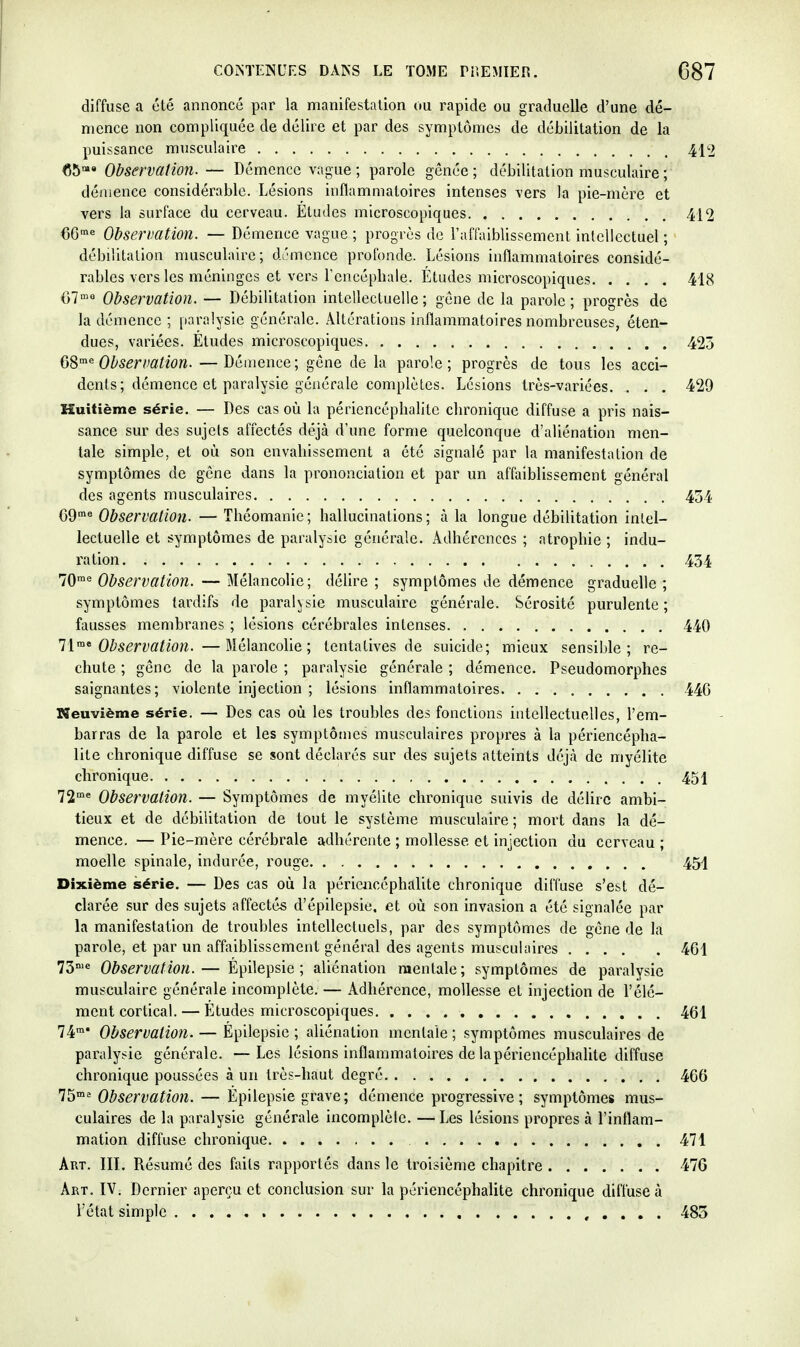 diffuse a été annoncé par la manifestation ou rapide ou graduelle d'une dé- mence non compliquée de délire et par des symptômes de débilitation de la puissance musculaire 412 CÔ™» Observation. — Démence vague; parole gênée; débilitation musculaire ; démence considérable. Lésions inflammatoires intenses vers la pie-mère et vers la surface du cerveau. Etudes microscopiques 412 eG'^ Observation. — Démence vague ; progrès de rafl^iiblissemcnl intellectuel ; débilitation musculaire; démence profonde. Lésions inflammatoires considé- rables vers les méninges et vers l'encéphale. Études microscopiques 418 67°'° Observation. — Débilitation intellectuelle; gène de la parole; progrès de la démence ; paralysie générale. Altérations inflammatoires nombreuses, éten- dues, variées. Études microscopiques 425 GS^ Observation. —Démence; gène de la parole; progrès de tous les acci- dents; démence et paralysie générale complètes. Lésions très-variées. . . . 429 Huitième série. — Des cas où la périencéphalile chronique diffuse a pris nais- sance sur des sujets affectés déjà d'une forme quelconque d'aliénation men- tale simple, et où son envahissement a été signalé par la manifestation de symptômes de gène dans la prononciation et par un affaiblissement général des agents musculaires 434 CQ'^ Observation. — Théomanic ; hallucinations ; à la longue débilitation intel- lectuelle et symptômes de paralysie générale. Adhérences ; atrophie ; indu- ration 434 TO'^ Observation. — Mélancolie; délire ; symptômes de démence graduelle ; symptômes tardifs de paral^^sie musculaire générale. Sérosité purulente ; fausses membranes ; lésions cérébrales intenses 440 ll'^ Observation. —Mélancolie; tentatives de suicide; mieux sensible; re- chute ; gêne de la parole ; paralysie générale ; démence. Pseudomorphes saignantes; violente injection ; lésions inflammatoires 44G Neuvième série. — Des cas où les troubles des fonctions intellectuelles, l'em- barras de la parole et les symptômes musculaires propres à la périencépha- lile chronique diffuse se sont déclarés sur des sujets atteints déjà de myélite chronique 451 Tî'^ Observation. — Symptômes de myélite chronique suivis de délire ambi- tieux et de débilitation de tout le système musculaire ; mort dans la dé- mence. — Pie-mère cérébrale adhérente ; mollesse et injection du cerveau ; moelle spinale, indurée, rouge 451 Dixième série. — Des cas où la périe^lcéphalite chronique diffuse s'est dé- clarée sur des sujets affectés d'épilepsie. et où son invasion a été signalée par la manifestation de troubles intellectuels, par des symptômes de gêne de la parole, et par un affaiblissement général des agents musculaires 4G1 73'^ Observation.— Épilepsie ; aliénation mentale; symptômes de paralysie musculaire générale incomplète. — Adhérence, mollesse et injection de l'élé- ment cortical. — Études microscopiques 461 74™' Observation. — Épilepsie ; aliénation mentale ; symptômes musculaires de paralysie générale. —Les lésions inflammatoires de lapériencéphalite diffuse chronique poussées à un très-haut degré 466 75>^ Observation. — Épilepsie grave; démence progressive; symptômes mus- culaires de la paralysie générale incomplète. — Les lésions propres à l'inflam- mation diffuse chronique 471 Art. IIL Résumé des faits rapportés dans le troisième chapitre 476 Art. IV. Dernier aperçu et conclusion sur lapériencéphalite chronique diffuse à l'état simple 485