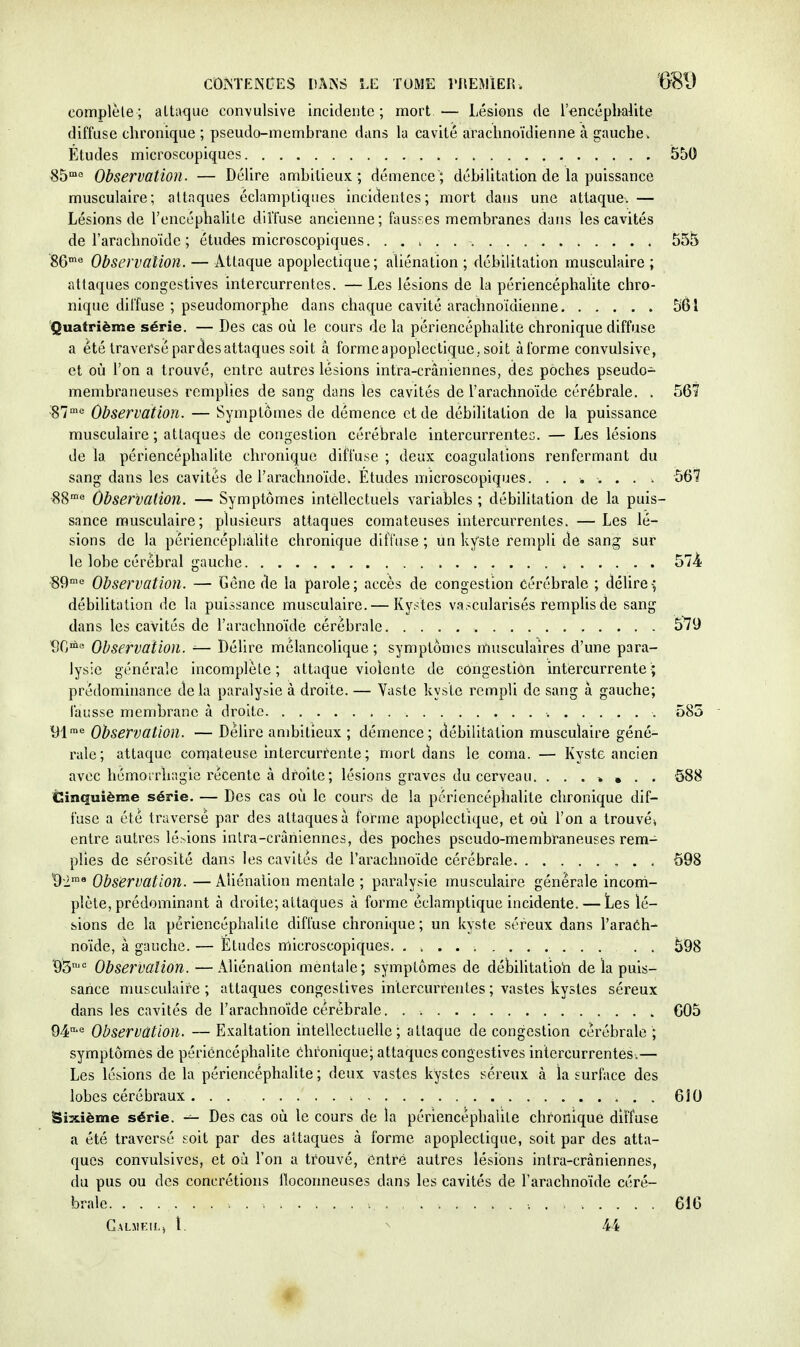 CDiMENL'ES I)Â?;s LE TOME Î'IIEMÏER. GBD complèle; aLta<]uc con\ulsive incidente; mort — Lésions de l'encéphalite diffuse chronique ; pseudo-membrane dans la cavité arachnoïdienne à gauche. Études microscopiques 550 85° Observation. — Délire ambitieux ; démence ; débilitation de la puissance musculaire; attaques éclamptiques incidentes; mort dans une attaque. — Lésions de l'encéphalile dilTuse ancienne ; fausses membranes dans les cavités de l'arachnoïde ; études microscopiques. . . , . 555 'Se^ Observation. — Attaque apoplectique; aliénation ; débilitation musculaire ; attaques congestives intercurrentes. — Les lésions de la périencéphalite chro- nique diffuse ; pseudomorphe dans chaque cavité arachnoïdienne 561 Quatrième série. — Des cas où le cours de la périencéphalite chronique diffuse a été traversé par des attaques soit à forme apoplectique, soit àforme convulsive, et où l'on a trouvé, entre autres lésions intra-crâniennes, des poches pseudo- membraneuses remplies de sang dans les cavités de l'arachnoïde cérébrale. . 56? '87'« Observation. — Symptômes de démence et de débilitation de la puissance musculaire ; attaques de congestion cérébrale intercurrentes. — Les lésions de la périencéphalite chronique diffuse ; deux coagulations renfermant du sang dans les cavités de l'arachnoïde. Etudes microscopiques. ....... 567 88'° Observation. — Symptômes intellectuels variables ; débilitation de la puis- sance musculaire; plusieurs attaques comateuses intercurrentes. —Les lé- sions de la périencéphalite chronique diffuse ; un kyste rempli de sang sur le lobe cérébral gauche 57-4 89'« Observation. — Gène de la parole; accès de congestion cérébrale ; délire-; débilitation de la puissance musculaire.— Kystes vascularisés remplis de sang dans les cavités de l'arachnoïde cérébrale 5^9 SG'ûe Observation. ■— Délire mélancolique ; symptômes musculaires d'une para- lysie générale incomplète; attaque violente de congestion intercurrente; prédominance de la paralysie à droite. — Vaste kyste rempli de sang à gauche; fausse membrane à droite 585 91™^ Observation. — Délire ambitieux ; démence; débilitation musculaire géné- rale; attaque comateuse Intercurr'ente; mort dans le coma. — Kyste ancien avec hémoirhagie récente à droite; lésions graves du cerveau. 588 Cinquième série. — Des cas où le cours de la périencéphalite chronique dif- fuse a été traversé par des attaques à forme apoplectique, et où l'on a trouvé, entre autres lé>ions inlra-crâniennes, des poches pseudo-membraneuses rem- plies de sérosité dans les cavités de l'arachnoïde cérébrale 698 'g.2rae Observation. —Aliénation mentale ; paralysie musculaire générale incom- plète, prédominant à droite; attaques à forme éclamptique incidente. — Les lé- sions de la périencéphalite diffuse chronique ; un kyste séreux dans l'araôh- noïde, à gauche. — Etudes microscopiques. . . . 598 '93' Observation. —Aliénation mentale; symptômes de débilitatioh de la puis- sance musculaire ; attaques congestives intercurrentes ; vastes kystes séreux dans les cavités de l'arachnoïde cérébrale C05 94«.e Observûtion. —Exaltation intellectuelle ; attaque de congestion cérébrale; symptômes de périencéphalite Chronique; attaques congestives intercurrentes,— Les lésions de la périencéphalite ; deux vastes kystes séreux à la surface des lobes cérébraux 610 Sixième série. — Des cas où le cours de la périencéphalite chronique diffuse a été traversé soit par des attaques à forme apoplectique, soit par des atta- ques convulsives, et où l'on a trouvé, entré autres lésions intra-cràniennes, du pus ou des concrétions lloconneuses dans les cavités de l'arachnoïde céré- brale ; 616 Galmkh.) t. ^ 44