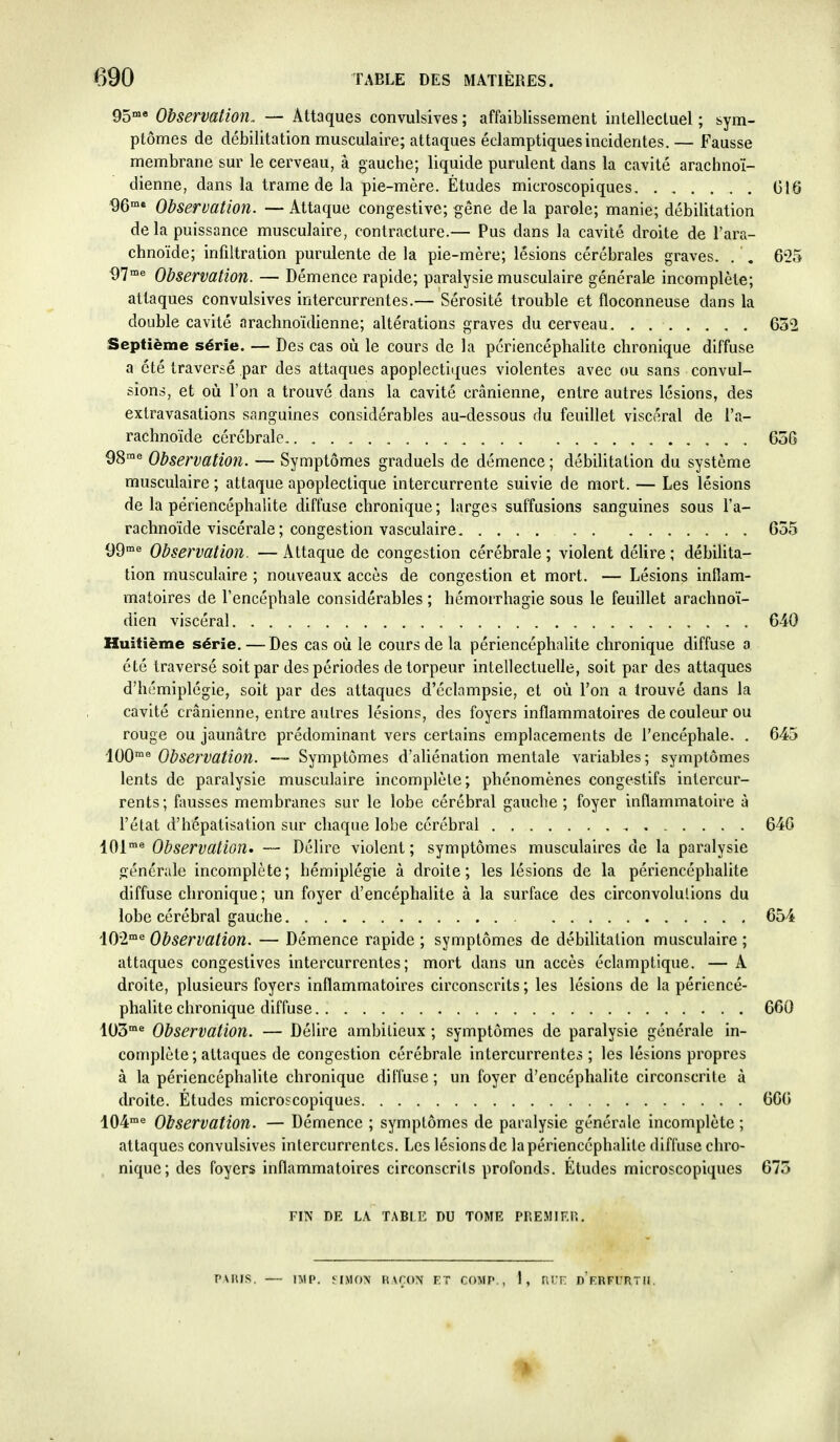 95™ Observation. — Attaques convulsives ; affaiblissement intellectuel ; sym- ptômes de débilitation musculaire; attaques éclamptiques incidentes. — Fausse membrane sur le cerveau, à gauche; liquide purulent dans la cavité arachnoï- dienne, dans la trame de la pie-mère. Études microscopiques (316 96' Observation. — Attaque congestive; gêne de la parole; manie; débilitation de la puissance musculaire, contracture.— Pus dans la cavité droite de l'ara- chnoïde; infiltration purulente de la pie-mère; lésions cérébrales graves. . . 625 97<^ Observation. — Démence rapide; paralysie musculaire générale incomplète; attaques convulsives intercurrentes.— Sérosité trouble et floconneuse dans la double cavité arachnoïdienne; altérations graves du cerveau 652 Septième série. — Des cas où le cours de la périencéphalite chronique diffuse a été traversé par des attaques apoplectiques violentes avec ou sans convul- sions, et où l'on a trouvé dans la cavité crânienne, entre autres lésions, des extravasations sanguines considérables au-dessous du feuillet viscéral de l'a- rachnoïde cérébrale 656 OS'^ Observation. — Symptômes graduels de démence ; débilitation du système musculaire ; attaque apoplectique intercurrente suivie de mort. — Les lésions de la périencéphalite diffuse chronique ; larges suffusions sanguines sous l'a- rachnoïde viscérale; congestion vasculaire 655 DO'^ Observation. — Attaque de congestion cérébrale ; violent délire ; débilita- tion musculaire ; nouveaux accès de congestion et mort. — Lésions inflam- matoires de l'encéphale considérables ; hémorrhagie sous le feuillet arachnoï- dien viscéral 640 Huitième série. — Des cas où le cours de la périencéphalite chronique diffuse a été traversé soit par des périodes de torpeur intellectuelle, soit par des attaques d'hémiplégie, soit par des attaques d'éclompsie, et où l'on a trouvé dans la cavité crânienne, entre autres lésions, des foyers inflammatoires de couleur ou rouge ou jaunâtre prédominant vers certains emplacements de l'encéphale. . 645 100™^ Observation. ~ Symptômes d'aliénation mentale variables; symptômes lents de paralysie musculaire incomplète; phénomènes congestifs intercur- rents; fausses membranes sur le lobe cérébral gauche; foyer inflammatoire à l'état d'hépatisation sur chaque lobe cérébral 640 jQjme Observation» — Délire violent; symptômes musculaires de la paralysie générale incomplète; hémiplégie à droite; les lésions de la périencéphalite diffuse chronique; un foyer d'encéphalite à la surface des circonvolulions du lobe cérébral gauche 654 102'^ Observation. — Démence rapide ; symptômes de débilitation musculaire ; attaques congestives intercurrentes; mort dans un accès éclamptique. — A droite, plusieurs foyers inflammatoires circonscrits ; les lésions de la périencé- phalite chronique diffuse 660 103^ Observation. — Délire ambitieux ; symptômes de paralysie générale in- complète; attaques de congestion cérébrale intercurrentes ; les lésions propres à la périencéphalite chronique diffuse ; un foyer d'encéphalite circonscrite à droite. Études microscopiques 666 '104me Observation. — Démence ; symptômes de paralysie générale incomplète ; attaques convulsives intercurrentes. Les lésions de la périencéphalite diffuse chro- nique; des foyers inflammatoires circonscrits profonds. Études microscopiques 675 FIN DE LA TABLE DU TOME PREMIKU. IMON inrox FT coMp., I, wvT. d'frfi'rtii,