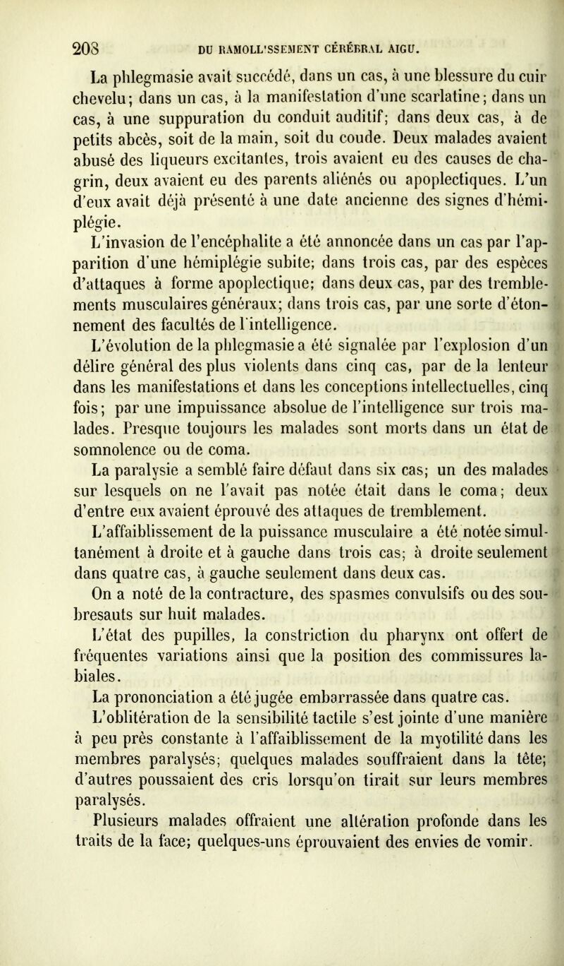 La phlegmasie avait succédé, dans un cas, à une blessure du cuir chevelu; dans un cas, à la manifestation d une scarlatine; dans un cas, à une suppuration du conduit auditif; dans deux cas, à de petits abcès, soit de la main, soit du coude. Deux malades avaient abusé des liqueurs excitantes, trois avaient eu des causes de cha- grin, deux avaient eu des parents aliénés ou apoplectiques. I/un d'eux avait déjà présenté à une date ancienne des signes d'hémi- plégie. L'invasion de l'encéphalite a été annoncée dans un cas par l'ap- parition d'une hémiplégie subite; dans trois cas, par des espèces d'attaques à forme apoplectique; dans deux cas, par des tremble- ments musculaires généraux; dans trois cas, par une sorte d'éton- nement des facultés de l'intelligence. L'évolution de la phlegmasie a été signalée par l'explosion d'un délire général des plus violents dans cinq cas, par de la lenteur dans les manifestations et dans les conceptions intellectuelles, cinq fois; par une impuissance absolue de l'inteUigence sur trois ma- lades. Presque toujours les malades sont morts dans un état de somnolence ou de coma. La paralysie a semblé faire défaut dans six cas; un des malades sur lesquels on ne l'avait pas notée était dans le coma; deux d'entre eux avaient éprouvé des attaques de tremblement. L'affaiblissement de la puissance musculaire a été notée simul- tanément à droite et à gauche dans trois cas; à droite seulement dans quatre cas, à gauche seulement dans deux cas. On a noté de la contracture, des spasmes convulsifs ou des sou- bresauts sur huit malades. L'état des pupilles, la constriction du pharynx ont offert de fréquentes variations ainsi que la position des commissures la- biales. La prononciation a été jugée embarrassée dans quatre cas. L'oblitération de la sensibilité tactile s'est jointe d'une manière à peu près constante à l'affaiblissement de la myotilité dans les membres paralysés; quelques malades souffraient dans la tête; d'autres poussaient des cris lorsqu'on tirait sur leurs membres paralysés. Plusieurs malades offraient une altération profonde dans les traits de la face; quelques-uns éprouvaient des envies de vomir. I