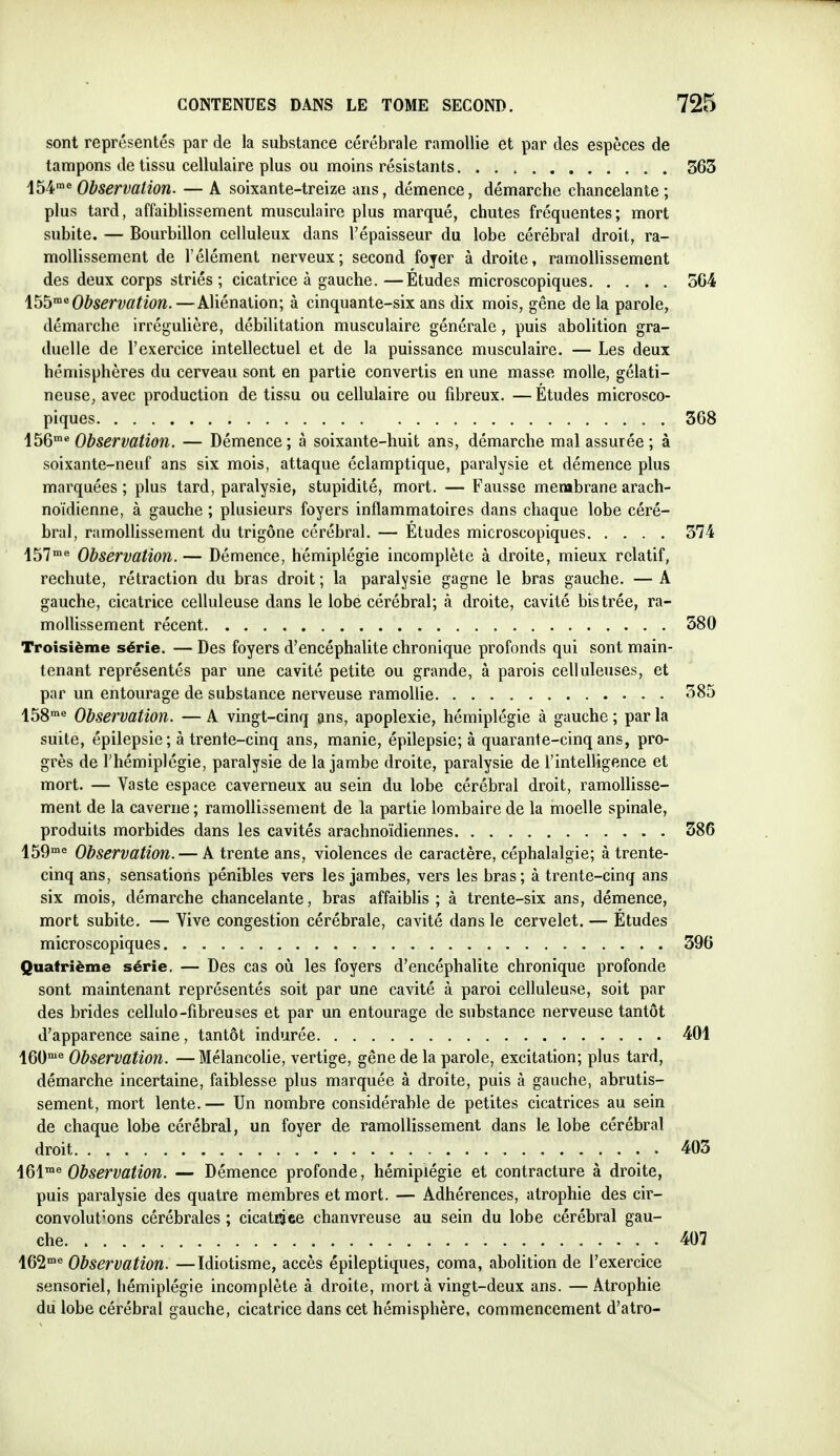 sont représentés par de la substance cérébrale ramollie et par des espèces de tampons de tissu cellulaire plus ou moins résistants 363 i^^^ Observation. — A soixante-treize ans, démence, démarche chancelante; plus tard, affaiblissement musculaire plus marqué, chutes fréquentes; mort subite. — Bourbillon celluleux dans l'épaisseur du lobe cérébral droit, ra- mollissement de l'élément nerveux; second foyer à droite, ramollissement des deux corps striés ; cicatrice à gauche. —Études microscopiques 364 ibb^ Observation.—Aliénation; à cinquante-six ans dix mois, gêne de la parole, démarche irrégulière, débilitation musculaire générale, puis abolition gra- duelle de l'exercice intellectuel et de la puissance musculaire. — Les deux hémisphères du cerveau sont en partie convertis en une masse molle, gélati- neuse, avec production de tissu ou cellulaire ou fibreux. —Études microsco- piques 368 ibh'^^ Observation. — Démence; à soixante-huit ans, démarche mal assurée; à soixante-neuf ans six mois, attaque éclamptique, paralysie et démence plus marquées ; plus tard, paralysie, stupidité, mort. — Fausse membrane arach- noïdienne, à gauche ; plusieurs foyers inflammatoires dans chaque lobe céré- bral, ramollissement du trigône cérébral. — Études microscopiques 374 457™^ Observation. — Démence, hémiplégie incomplète à droite, mieux relatif, rechute, rétraction du bras droit ; la paralysie gagne le bras gauche. — A gauche, cicatrice celluleuse dans le lobe cérébral; à droite, cavité bistrée, ra- mollissement récent 380 Troisième série. — Des foyers d'encéphalite chronique profonds qui sont main- tenant représentés par une cavité petite ou grande, à parois celluleuses, et par un entourage de substance nerveuse ramollie <^85 158^ Observation. — A vingt-cinq ans, apoplexie, hémiplégie à gauche ; par la suite, épilepsie; à trente-cinq ans, manie, épilepsie; à quarante-cinq ans, pro- grès de l'hémiplégie, paralysie de la jambe droite, paralysie de l'intelligence et mort. — Vaste espace caverneux au sein du lobe cérébral droit, ramollisse- ment de la caverne ; ramollissement de la partie lombaire de la moelle spinale, produits morbides dans les cavités arachnoïdiennes 386 159° Observation. — A trente ans, violences de caractère, céphalalgie; à trente- cinq ans, sensations pénibles vers les jambes, vers les bras; à trente-cinq ans six mois, démarche chancelante, bras affaiblis; à trente-six ans, démence, mort subite. — Vive congestion cérébrale, cavité dans le cervelet. — Études microscopiques 396 Quatrième série. — Des cas où les foyers d'encéphalite chronique profonde sont maintenant représentés soit par une cavité à paroi celluleuse, soit par des brides cellulo-fibreuses et par un entourage de substance nerveuse tantôt d'apparence saine, tantôt indurée 401 lOO^ Observation. — Mélancolie, vertige, gêne de la parole, excitation; plus tard, démarche incertaine, faiblesse plus marquée à droite, puis à gauche, abrutis- sement, mort lente,— Un nombre considérable de petites cicatrices au sein de chaque lobe cérébral, un foyer de ramollissement dans le lobe cérébral droit 403 \Q\rae Qbservation. — Démence profonde, hémiplégie et contracture à droite, puis paralysie des quatre membres et mort. — Adhérences, atrophie des cir- convolutions cérébrales ; cicatiSfie chanvreuse au sein du lobe cérébral gau- che 407 Wl^^ Observation. —Idiotisme, accès épileptiques, coma, abolition de l'exercice sensoriel, hémiplégie incomplète à droite, mort à vingt-deux ans. — Atrophie dû lobe cérébral gauche, cicatrice dans cet hémisphère, commencement d'atro-