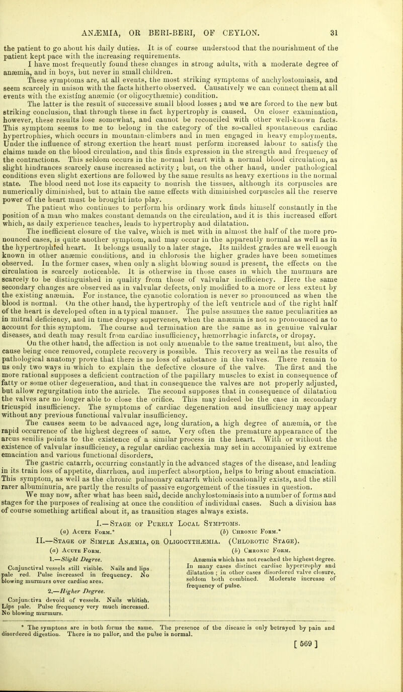 the patient to go about his daily duties. It is of coarse understood that the nourishment of the patient kept pace with the increasing requirements. I liave most frequently found these changes in strong adults, with a moderate degree of anaemia, and in boys, but never in small children. These symptoms are, at all events, the most striking symptoms of anchylostomiasis, and seem scarcely in unison with the facts hitherto observed. CausativeJy we can connect them at all events with the existing aneemic (or oligocythtemic) condition. The latter is the result of successive small blood losses ; and we are forced to the new but striking conclusion, that through these in fact hypertrophy is caused. On closer examination, however, these results lose somewhat, and cannot be reconciled with other well-known facts. This symptom seems to me to belong in the category of the so-called spontaneous cardiac hypertrophies, which occurs in mountain-climbers and in men engaged in heavy employments. Under the influence of strong exertion the heart must perform increased labour to satisfy the claims made on the blood circulation, and this finds expression in the strength and frequency of the contractions. This seldom occurs in the normal heart with a normal blood circulation, as slight hindrances scarcely cause increased activity ; but, on the other hand, under pathological conditions even slight exertions are followed by the same results as heavy exertions in the normal state. The blood need not lose its capacity to nourish the tissues, although its corpuscles are numerically diminished, but to attain the same effects with diminished corpuscles all the reserve power of the heart must be brought into play. The patient who continues to perform his ordinary work finds himself constantly in the position of a man who makes constant demands on the circulation, and it is this increased effort which, as daily experience teaches, leads to hypertrophy and dilatation. The inefficient closure of the valve, which is met with in almost the half of the more pro- nounced cases, is quite another symptom, and may occur in the apparently normal as well as in the hypertrophfed heart. It belongs usually to a later stage. Its mildest grades are well enough known in other ansemic conditions, and in chlorosis the higher grades have been sometimes observed. In the former cases, when onl}' a slight blowing sound is present, the effects on the circulation is scarcely noticeable. It is otherwise in those cases in which the murmurs are scarcely to be distinguished in quality from those of valvular inefficiency. Here the same secondary changes are observed as in valvular defects, only modified to a more or less extent by the existing anaemia. For instance, the cyanotic coloration is never so pronounced as when the blood is normal. On the other hand, the hypertrophy of the left ventricle and of the right half of the heart is developed often in atypical manner. The pulse assumes the same peculiarities as in mitral deficiency, and in time dropsy supervenes, when the anaemia is not so pronounced as to account for this symptom. The course and termination are the same as in genuine valvular diseases, and death may result from cardiac insufficiency, haemorrhagic infarcts, or dropsy. On the other hand, the affection is not only amenable to the same treatment, but also, the cause being once removed, complete recovery is possible. This recovery as well as the results of pathological anatomy prove that there is no loss of substance in the valves. There remain to us only two ways in which to explain the defective closure of the valve. The first and the more rational supposes a deficient contraction of the papillary muscles to exist in consequence of fatty or some otlier degeneration, and that in consequence the valves are not properly adjusted, but allow regurgitation into the auricle. The second supposes that in consequence of dilatation the valves are no longer able to close the orifice. This may indeed be the case in secondary tricuspid insufficiency. The symptoms of cardiac degeneration and insufficiency may appear without any previous functional valvular insufficiency. The causes seem to be advanced age, long duration, a high degree of anaemia, or the rapid occurrence of the highest degrees of same. Very often the premature appearance of the arcus senilis points to the existence of a similar process in the heart. With or without the existence of valvular insufficiency, a regular cardiac cachexia may set in accompanied by extreme emaciation and various functional disorders. The gastric catarrh, occurring constantly in the advanced stages of the disease, and leading in its train loss of appetite, diarrhoea, and imperfect absorption, helps to bring about emaciation. This symptom, as well as the chronic pulmonary catarrh which occasionally exists, and the still rarer albuminuria, are partly the results of passive engorgement of the tissues in question. We may now, after what has been said, decide anchylostomiasis into a number of forms and stages for the purposes of realising at once the condition of individual cases. Such a division has of course something artifical about it, as transition stages always exists. I.—Stage of Pukely Local Symptoms. (a) AcDTE FoEM.* I (b) Cheonic Foem.* II.—Stage of Simple Anemia, oe Oligocythemia. (Chlobotic Stage). (a) Acute Form. 1. —Slight Degree. Conjunctival vessels still visible. Nails and lips pale red. Pulse increased in frequency. No blowing murmurs over cardiac area. 2. —Higher Degree. Conjunctiva devoid of vessels. Nails whitish. Lips pale. Pulse frequency very much increased. No blowing murmurs. (&) Cheonic Fobm. Anaemia which has not reached the highest degree. In many cases distinct cardiac hypertrophy and dilatation ; ia other cases disordered valve closure, seldom both combined. Moderate increase of frequency of pulse. * The symptons are in both forms the same. The presence of the disease is only betrayed by pain and disordered digestion. There is no pallor, and the pulse is normal. [ 569 ]