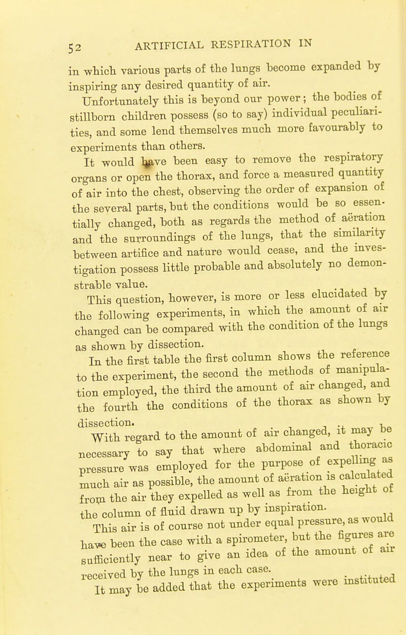 in Yfhich various parts of the lungs become expanded by inspiring any desired quantity of air. Unfortunately this is beyond our power; tbe bodies of stillborn cMldren possess (so to say) individual peculiari- ties, and some lend tbemselves mucb more favourably to experiments than others. It would Vve been easy to remove the respiratory organs or open the thorax, and force a measured quantity of air into the chest, observing the order of expansion of the several parts, but the conditions would be so essen- tially changed, both as regards the method of aeration and the surroundings of the lungs, that the similarity between artifice and nature would cease, and the inves- tigation possess little probable and absolutely no demon- strable value. • -, . J 1, This question, however, is more or less elucidated by the following experiments, in which the amount of air changed can be compared with the condition of the lungs as shown by dissection. In the first table the first column shows the reference to the experiment, the second the methods of manipula- tion employed, the third the amount of air changed, and the fourth the conditions of the thorax as shown by dissection. , With regard to the amount of air changed, it may be necessary to say that where abdominal and thoracic pressure was employed for the purpose of expe lmg a. Lch air as possible, the amount of aeration is calcu ated irovi the air they expelled as well as from the height of the column of fluid drawn up by inspiration. This air is of course not under equal pressure, as would have been the case with a spirometer, but the figures a^e sufficiently near to give an idea of the amount of air received by the lungs in each case. ^.^ . It may be added that the experiments were instituted