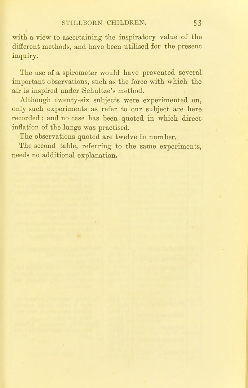 with a view to ascertaining the inspiratory value of the different methods, and have been utilised for the present inquiry. The use of a spirometer would have prevented several important observations, such as the force with which the air is inspired under Schultze's method. Although twenty-six subjects were experimented on, only such experiments as refer to our subject are here recorded: and no case has been quoted in which direct inflation of the lungs was practised. The observations quoted are twelve in number. The second table, referring to the same experiments, needs no additional explanation.