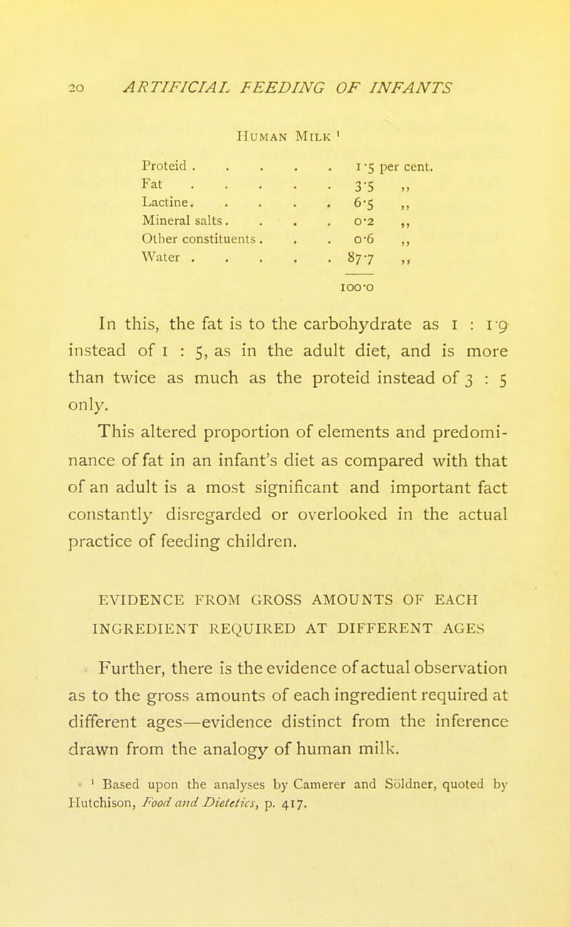 Human Milk ' Fat ... . • 3-5 »> • 6-5 >s Mineral salts. 0*2 »I Other constituents. . 0-6 )» . 877 >) lOO'O In this, the fat is to the carbohydrate as i : 1-9 instead of i : 5, as in the adult diet, and is more than twice as much as the proteid instead of 3 : 5 only. This altered proportion of elements and predomi- nance of fat in an infant's diet as compared with that of an adult is a most significant and important fact constantly disregarded or overlooked in the actual practice of feeding children, EVIDENCE FROM GROSS AMOUNTS OF EACH INGREDIENT REQUIRED AT DIFFERENT AGES Further, there is the evidence of actual observation as to the gross amounts of each ingredient required at different ages—evidence distinct from the inference drawn from the analogy of human milk. • ' Based upon the analyses by Camerer and Soldner, quoted by Hutchison, Food and Dietetics, p. 417.