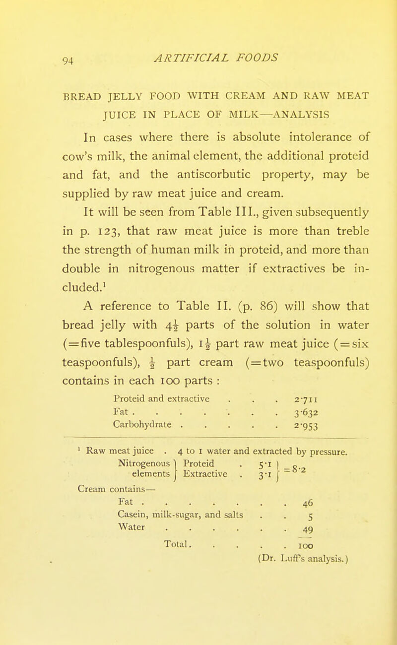 BREAD JELLY FOOD WITH CREAM AND RAW MEAT JUICE IN PLACE OF MILK—ANALYSIS In cases where there is absolute intolerance of cow's milk, the animal element, the additional proteid and fat, and the antiscorbutic property, may be supplied by raw meat juice and cream. It will be seen from Table III., given subsequently in p. 123, that raw meat juice is more than treble the strength of human milk in proteid, and more than double in nitrogenous matter if extractives be in- cluded.' A reference to Table II. (p. 86) will show that bread jelly with 4^ parts of the solution in water (=:five tablespoonfuls), i^ part raw meat juice ( = six teaspoonfuls), \ part cream (=two teaspoonfuls) contains in each 100 parts : ' Raw meat juice . 4 to i water and extracted by pressure. Proteid and extractive Fat . 2711 3-632 2-953 Carbohydrate Cream contains— Fat . 46 5 49 Casein, milk-sugar, and salts Water .... Total 100 (Dr. Lufl's analysis.)