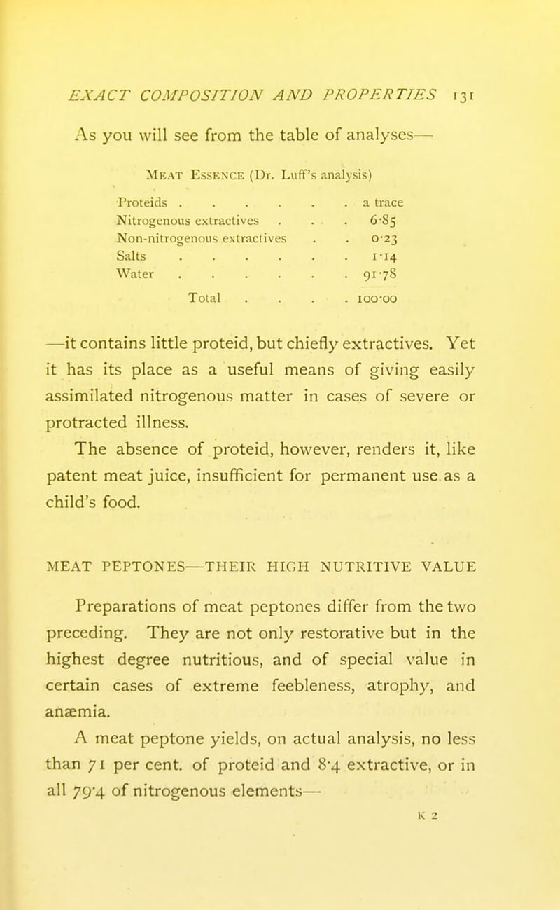 As you will see from the table of analyses— Meat Essence (Dr. Luff's analysis) ■Proteids ...... a trace Nitrogenous extractives . . . 6-85 Non-nitrogenous extractives . . 0-23 Salts 1-14 Water 9178 Total .... 100-00 —it contains little proteid, but chiefly extractives. Yet it has its place as a useful means of giving easily assimilated nitrogenous matter in cases of severe or protracted illness. The absence of proteid, however, renders it, like patent meat juice, insufficient for permanent use as a child's food. MEAT PEPTONES—THEIR HIGH NUTRITIVE VALUE Preparations of meat peptones differ from the two preceding. They are not only restorative but in the highest degree nutritious, and of special value in certain cases of extreme feebleness, atrophy, and anaemia. A meat peptone yields, on actual analysis, no less than 71 per cent, of proteid and 8-4 extractive, or in all 79'4 of nitrogenous elements— K 2