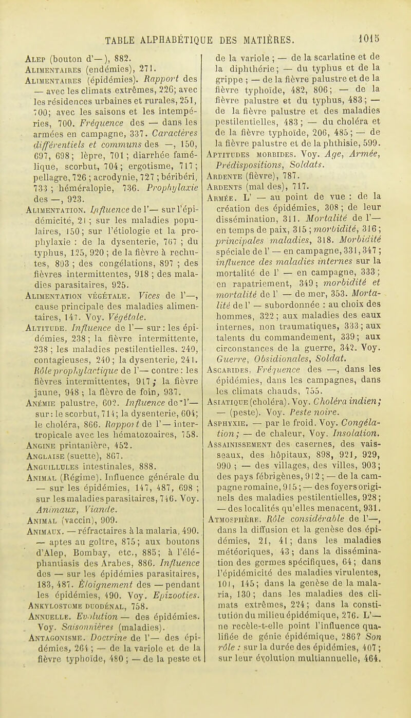 Alep (bouton d'—), 882. Alimentaires (endémies), 271. ALiMENTAinES (épidémies). Rapport des — avec les climats extrêmes, 226; avec les résidences urbaines et rurales, 251, 700; avec les saisons et les intempé- ries, 700. Fréquence des — dans les armées en campagne, 337. Caractères différentiels et commwis des —, 150, C97, 698 ; lèpre, 701 ; diarrhée famé- lique, scorbut, 704; ergotisme, 717; pellagre, 726 ; acrodynie, 727 ; béribéri, 733 ; héméralopie, 736. Prophylaxie des —, 923. Altmentation. I/ifluenced&V— surl'épi- démicité, 21 ; sur les maladies popu- laires, 150; sur l'étiologie et la pro- phylaxie : de la dysenterie, 707 ; du typhus, 125, 920 ; de la fièvre à rechu- . tes, 803 ; des congélations, 897 ; des fièvres intermittentes, 918 ; des mala- dies parasitaires, 925. Alimentation végétale. Vices de 1'—, cause principale des maladies alimen- taires, 147. Voy. Végétale. Altitude. Influence de 1'— sur: les épi- démies, 238 ; la fièvre intermittente, 238 ; les maladies pestilentielles. 240, contagieuses, 240; la dysenterie, 241. l\6le prophylactique de 1'— contre : les fièvres intermittentes, 917; la fièvre jaune, 948 ; la fièvre de foin^ 937. Anémie palustre, GO?. Influence Aa'Y— sur: le scorbut, 71 i; la dysenterie, 604; le choléra, 866. Rappottàe, 1'—inter- tropicale avec les hématozoaires, 758. Angine printanière, 452. Anglaise (suette), 807. Anguillules intestinales, 888. Animal (Régime). Influence générale du — sur les épidémies, 147, 487, 698 ; sur les maladies parasitaires, 746. Voy. Animaux, Viande. Animal (vaccin), 909. Animaux. — réfractaires à la malaria, 490. — aptes au goitre, 875; aux boutons d'Alep, Bombay, etc., 885; à l'élé- phantiasis des Arabes, 880. Influence des — sur les épidémies parasitaires, 183, 487. Èloignement des — pendant les épidémies, 490. Voy. Epizooties. ANKYLOSTdME DU0DÉNAL, 758. Annuelle. Ev-ilution — des épidémies. Voy. Saisonnières (maladies). Antagonisme. Doctrine de 1'— des épi- démieSj 2G'i ; — de la variole et de la fièvre typhoïde, 480 ; — de la peste et de la variole ; — de la scarlatine et de la diphthérie; — du typhus et de la grippe ; — de la fièvre palustre et de la fièvre typhoïde, 482, 806; — de la fièvre palustre et du typhus, 483; — de la fièvre palustre et des maladies pestilentielles, 483 ; — du choléra et de la fièvre typhoïde, 20G, 485; — de la fièvre palustre et de la phthisie, 599. Aptitudes morbides. Voy. Aqe, Armée, Prédispositions, Soldats. Ardente (fièvre), 787. Ardents (mal des), 717. Armée. L' — au point de vue : de la création des épidémies, 308 ; de leur dissémination, 311. Mortalité de l'- en temps de paix, 315 ; morbidité, 316 ; principales maladies, 318. Morbidité spéciale de 1' — en campagne, 331,347; influence des maladies internes sur la mortalité de 1' — en campagne, 333; en rapatriement, 349 ; morbidité et mortalité de 1' — de mer, 353. Morta- lité de r — subordonnée : au choix des hommes, 322; aux maladies des eaux internes, non traumatiques, 333; aux talents du commandement, 339; aux circonstances de la guerre, 342. Voy. Guerre, Obsidionales, Soldat. Ascarides. Fréquence des —, dans les épidémies, dans les campagnes, dans les climats chauds, 755. Asiatique (choléra). Voy. Choléra indien; — (peste). Voy. Peste noire. Asphyxie. — par le froid. Voy. Congéla- tion; — de chaleur, Voy. hisolation. Assainissement des casernes, des vais- seaux, des hôpitaux, 898, 921, 929, 990 ; — des villages, des villes, 903; des pays fébrigènes, 912 ; — de la cam- pagne romaine, 915 ; — des foyers origi- nels des maladies pestilentielles, 928 ; — des localités qu'elles menacent, 931. Atmosphère. Rôle considérable de 1'—, dans la diffusion et la genèse des épi- démies, 21, 41; dans les maladies météoriques, 43 ; dans la dissémina- tion des germes spécifiques, 64 ; dans l'épidémicité des maladies virulentes, ICI, 145; dans la genèse de la mala- ria, 130; dans les maladies des cli- mats extrêmes, 224 ; dans la consti- tutiôn du milieu épidémique, 27G. L'— ne recèle-t-elle point l'influence qua- lifiée do génie épidémique, 28G? Son rôle : sur la durée des épidémies, 407 ; sur leur éA;olution multiannuelle, 464.