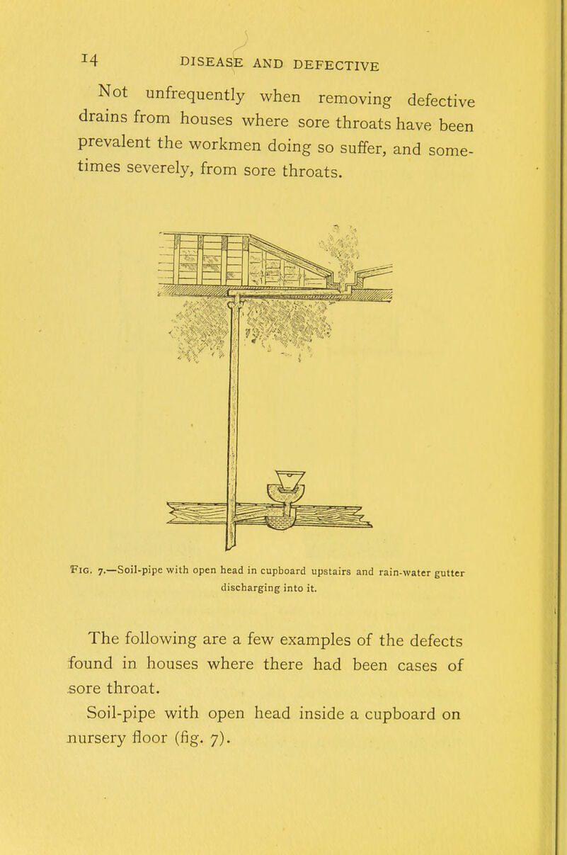 Not unfrequently when removing defective drains from houses where sore throats have been prevalent the workmen doing so suffer, and some- times severely, from sore throats. Fig. 7.—Soil-pipe with open head in cupboard upstairs and rain-water gutter discharging into it. The following are a few examples of the defects found in houses where there had been cases of sore throat. Soil-pipe with open head inside a cupboard on nursery floor (fig. 7).