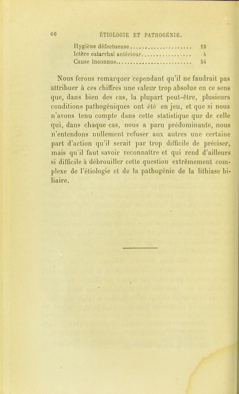 Hygiène défectueuse 13 Ictère catarrhal antérieur 4 Cause inconnue 54 Nous ferons remarquer cependant qu'il ne faudrait pas attribuer à ces chiffres une valeur trop absolue en ce sens que, dans bien des cas, la plupart peut-être, plusieurs conditions pathogéniques ont été en jeu, et que si nous n'avons tenu compte dans cette statistique que de celle qui, dans chaque cas, nous a paru prédominante, nous n'entendons nullement refuser aux autres une certaine part d'action qu'il serait par trop difficile de préciser, mais qu'il faut savoir reconnaître et qui rend d'ailleurs si difficile à débrouiller celte question extrêmement com- plexe de l'étiologie et de la pathogénie de la lithiase bi- liaire.