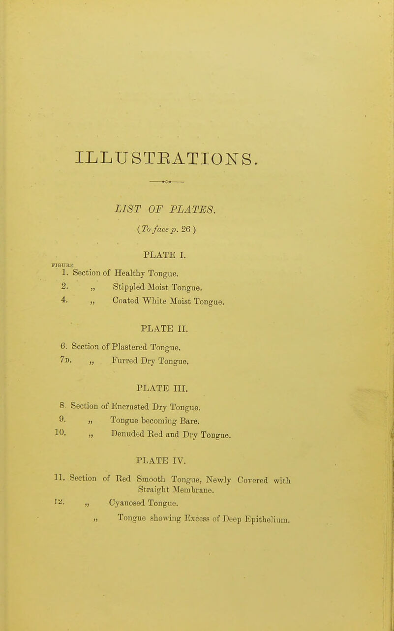 ILLUSTRATIONS. LIST OF PLATES. (To face p. 26 ) PLATE I. FIGURE 1. Section of Healthy Tongue. 2. „ Stippled Moist Tongue. 4. „ Coated White Moist Tongue. PLATE II. 6. Section of Plastered Tongue. 7d. „ Furred Dry Tongue. PLATE III. 8. Section of Encrusted Dry Tongue. 9- >i Tongue becoming Bare. 10. „ Denuded Eed and Dry Tongue. PLATE IV. 11. Section of Red Smooth Tongue, Newly Covered with Straight Membrane. „ Cyanosed Tongue. „ Tongue showing Excess of Deep Epithelium.