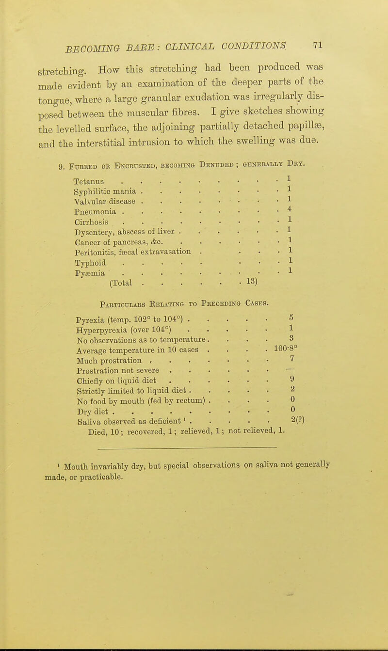 stretching. How this stretching had been produced was made evident by an examination of the deeper parts of the tongue, where a large granular exudation was irregularly dis- posed between the muscular fibres. I give sketches showing the levelled surface, the adjoining partially detached papillae, and the interstitial intrusion to which the swelling was due. 9. Furred or Encrusted, becoming Denuded ; generally Dry. Tetanus . * Syphilitic mania 1 Valvular disease ■ • ■ ■ * Pneumonia * Cirrhosis 1 Dysentery, abscess of liver . . . . ' • -1 Cancer of pancreas, &c • 1 Peritonitis, fsacal extravasation . ... 1 Typhoid ... 1 Pyaemia ' • * ^ (Total 13) Particulars Belating to Preceding Cases. Pyrexia (temp. 102° to 104°) 5 Hyperpyrexia (over 104°) 1 No observations as to temperature.... 3 Average temperature in 10 cases .... 100-8° Much prostration , 7 Prostration not severe — Chiefly on liquid diet 9 Strictly limited to liquid diet 2 No food by mouth (fed by rectum) .... 0 Dry diet 0 Saliva observed as deficient 1 2(?) Died, 10; recovered, 1; relieved, 1; not relieved, 1. 1 Mouth invariably dry, but special observations on saliva not generally made, or practicable.
