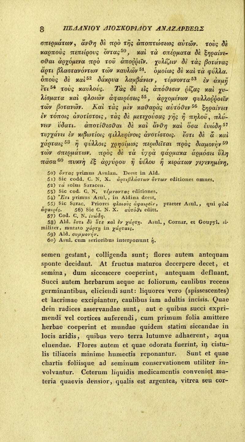 anfQfiaTcov ^ av&t] de ttqo rtjq anonrooGfcoq avtwv. jovg de KaQnovg ntmiQOvg ovTag^'\ xal ra oneQfiuTa ds ^tjQaivt- a&ai aQxofitva nQO rov anoQQtiv. i^^vXil^tiv 8f xag ^oidvag aQTi ^XaoTavovTcov xdov xavXwv ^*. ofioicog da xal xa q)vXXa. onovg 8e xai^^ 8anQva Xau^dvnv, refivovTa^^ iv axuij fVt^* rovg xavXovg. Tdg 8e tlg dno&taiv ()i^ag xal ^v- XiafiaTa xal qiXoicov dqatQeatig^^, dQy^ofievoov q^vXXoQQOtXv Tcov ^oTavcov. Kai rug /xev xa&aQag aurodtv^^ ^rjQuivtii tv ronoig dvoriaTotg, rdg 8e fxtTf/^ovaag yfjg ^ mjXoiJ, nXv- vttv vSari. dnoii&ta&ai 8e xal uv&tj xal oaa tucod^^' Tvyydvti ev xi^corioig qtXXvQivoig dvorloToig. tari 8e a xal ^uQTaig^^ ^ qivXXotg )^Qtjaifxcog ntQtStiTai nQog 8tafiov!]V''^ rdov antQfiaTcov. nQog 8e rd vyQa qaofxaxa uQfioati ilXtj ndaa^'^ nvxvrj t^ uQyvQov ij viXov ?j xtQaToov ytytvtjfiivtj, 50) oprag primiis Asiilan. Deest in Ald. 51) Sic codd. C. N. X. aoTt^Xaazwv iivTuov editiones omnes. 52) Tu solus Saraccn. 53) Sic cod. C. N. TtftvovTag cditiones. 54) 'Ect primus Asiil. , in Aldina dccst. 55) Sic Sarac. Priorcs (pXoiovg ucfatgeCv, praetcr Asul., qui ipj.ol a(paii>(g. 56) Sic C. N. X. aiiTo&i, editt. 57) Cod. C. N. iyuiHtj. 58) Ald. tCTTt Si ozs »a\ Iv ^doTyj. Asul,, Cornar. et Goup}'l. si- militer, rautato yaQTri in fruQTatg, 59) Ald. avftfjovijr. 60) Asul. cum serioribus intcrponunt rj. semen gestant, colHgenda sunt; flores autem antequam sponte decidant. At fructus maturos decerpere decet, et seraina, dum siccescere coeperint, antequam defluant. Succi autem herbarum aeque ac foliorum, caulibus recens germinantibus, eliciendi sunt: liquores vero (spissescentes) et lacrimae excipiantur, caulibus iam adultis incisis. Quae dein radices asservandae sunt, aut e quibus succi expri- mendi vel cortices auferendi, cum primum folia amittere herbae coeperint et mundae quidem statim siccandae in locis aridis, quibus vero terra lutumve adhaerent, aqua ehiendae. Flores autem et quae odorata fuerint, in cistu- lis tiliaceis minimc humectis reponantur. Sunt et quae chartis foliisque ad seminum conservationem utiliter in- volvantur. Ceterum hquidis medicamcntis conveniet ma- teria quaevis densior, qualis est argentea, vitrea seu cor-