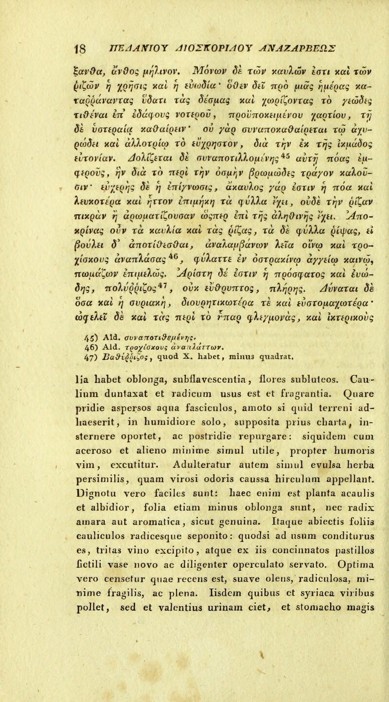 iS nEJAmOY JtO^KOPT/tOY ANAZAPBESIZ T^av&a, ttvflo; [Arjl.ivov. Movwv Ss rwv xofuXcov iaTi xat xtov ^itcov rj '/^Q^jiTtg xai rj tviodia' odtv 8^1 txqo fiiSg ijueQag xa- taQQuvavTag vdari ruq diafxaq xui ycogti^ovTag t6 ytoodd; tiOhai in i8acf.ov(; voTtoov, •nQovTxoxttntvov y^aoTiov, rij dt voTtQaut xa&aiQtiV ov yuQ avruTJoy.aOatntTai Tto ayv- q(a8ii xai aXloTQioj To tv)^QrjaTov, dia t/;v ix rfji; Ix^iudo; tvTOVtav. /joli^tTai 81 avva7ioTiX}..0!itvr]g'^^ avrij ■noag iu- qtQovg, ijv 8ia to ■ntQi Tr^v oafirjV ^QcoucoStg TQayov xaXov- Gtv tir^^^tQtjg 8( rj iTTiyvtaaig, axavlog yuQ ioTiv rj noa xai XtvxoTtQa xai ^rrov intnrjxrj tu qri/XXa t%ii, ov8e rrjv ^/^av nixQuv rj aQWfiaTiQovaav (jognto ini Trjg aXtj&ivrjg rj^tt. lA-no- xQivag ovv Tct xavXia xai Tug QiQag, tu 8i c^vXXa Qiipag, ti ^ovXti 8' anoTt&ta&ai, uvaXuft^avtov XtXa oivca nai tqo- liaxovg avanXaaag'^^, q.vXaTTt iv oaTQuxtvco ayytico xatvto^ ncoud^oov intjitXcvg. lAQiaTrj 8i iartv rj nQoacfaTog xai ivia- 8ijg, noXvQQt^og*'', ovx iij&QvnTog, nXrjQrjg. AvvaTai 8e oaa xai ij avQtaxrj, 8tovQijTixo3XiQa t« xui tvaTOfxw/^coTeQa' uqtXtX 8a xai rag ntQi t6 rnuQ cfXiyfiorag, xai IxTtQtxovq 45) Ald. avvanort9s^evTi<;. 46) Ald. TQoyiaxovi uvanlixTrti}v. 47) Ba&i^iiiioi, quod X. habct, miiuts qw.-idrat. lia liabet oblonga, subllavescentia, lloies subluteos. Cau- liiira duntaxat et radicum usus est et fmgrantia. Quare pridie aspersos aqna fasciculos, amoto si quid terreni ad- liaeserit, in huniidioi e solo, supposita prius cbarta, in- sternere oportet, ac postridie repurgare: siquidem cum aceroso et alieno niinime simul utile, propfer humoris vim, cxcutitur. Adulteratur aufeni siniul evulsa herba persimilis, quam virosi odoris caussa hirculuni appellant. Dignotu vero facilcs sunt: haec enim e&t planfa acaulis et albidior, folia etiam minus oblonga sunt, nec radix amara aut aromatica, sicut genuina. Itaque abiectis foliis cauliculos radicesque seponito: quodsi ad usum conditurus es, tritas vino excipito, atque ex iis concinnatos pastillos Dctili vase novo ac diligenter operculato servato. Optima vero censetur quae recens est, suave olens, radiculosa, mi- nime fragilis, ac plena. lisdcm quibus et syriaca viribus pollet, sed et valentius urinam ciet^ et stomacho magis