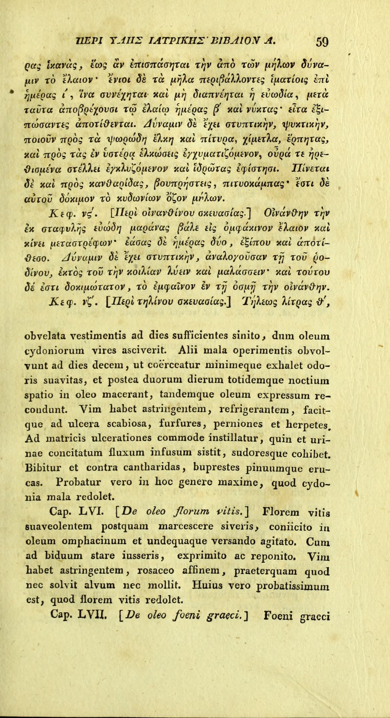 ly.avug, tcog av iTttandarjrai rrjv ano roov firj^MV $vva- (iiv x6 iXaiov' tvtoi ds ra [lijXa •ntqi^aVkovxtg tnaxioig inl ^fiigag t', tVa avv£)[f]xat xai ^P/ dtanvitjxai rj tvcaSia.^ [itxa ravxa dno^Qt^ovai Tw iXatcp TjntQag |5' xat vvxxag' tixa l^t- nwaavxtg dnoxi&tvxat. /Ivvafitv dl t/_tt axvnxixrjv, xpvxxticljv, notovv ngog rd ijKOQiodt] eXxrj xai nixvQa, ^ifitxXa, eQntjxag, xai nQog rdg Iv vaxtQa tXxcoattg iy)i^vfxaxi'C,6iitvov, ovqu xt rjQt- ■&iafiiva axeXXti tyxXvl^ofttPov xai IdQwxag i(fiiaxt]at. Tlivexat 8t xai nQog xav&aQidag, ^ovnQrjaxtig, ntxvoxdfinag' tavi ds ttvxov doxifiov t6 xvdcavlojv o^ov firXcov. Ktcp. vz • [JltQi olvav&ivov axtvaaiag^ Olvdv&rjv xr>v Ik GxacpvXrjg tvoodf] [xagdvag (id).t tig ofnjidittvov eXatov xai xivtt fitxaaxQicpcoV idaag dt rjiiiQag dvo, i^inov xai dnoxi- ■dtao. Jvvufitv 8t lt)^tt axvnxtxtjv, dvaXoyovaav t?/ xov qo- divov, ixxog rov rr]V xoiXlav Xvtiv xai fiaXaaattv xai rovxov ds iaxi Soxtficaxaxov, ro if^qialvov ev rij oafiij rrjv olvdv&rjv. Ktcp.vt,'. \_ntQi rfjXivov axtvaaiag,^ TijXtcag XixQag , obvelata vestimentis ad dies sufficientes sinito, dura oleum cydoniorum vires asciverit. Alii mala operimentis obvol- vunt ad dies decem, ut coerceatur minimeque exlialet odo- ris suavitas, et postea duorum dierum totidemque noctium spatio in oleo macerant, tandemque oleum expressum re- condunt. Vim liabet astringentem, refrigerantem, facit- que, ad ulcera scabiosa, furfures, perniones et herpetes, Ad matricis ulcerationes commode instillatur, quin et uri- nae concitatum fluxum infusum sistit, sudoresque cobibet. Bibitur et contra cantharidas, buprestes pinuumque eru- cas. Probatur vero in hoc genere maxime, quod cydo- nia mala redolet. Cap. LVI. [De oleo Jlorum fitis.'] Florem vitia suaveolentem postquam marcescere siveris^ coniicito in oleum omphacinum et undequaque versando agitato. Cura ad biduum stare iusseris, exprimito ac reponito. Vim Labet astringentem, rosaceo affinem, praeterquam quod nec solvit alvum nec mollit. Huius vero probatissimum est; quod florem vitis redolet. Cap. LVU. [De oleo foeni graeci.} Foeui graeci