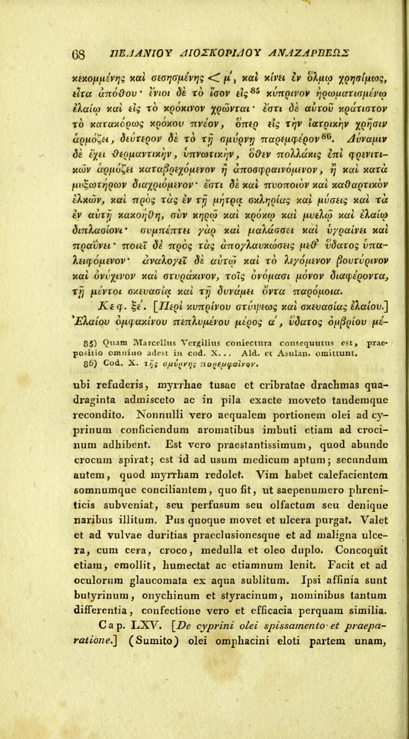 xixoft^ht]? ical ata>]afitvt]q <r ft', yal kivh tv oXfito 'iQtiaifiojq, tlta uTio&ov • tviot to laov t\q xunQn'ov tjowftatiafavca IXaico xai ilg t6 xqoxivov n^Qcovtaf tati ds avtov xQutiatov t6 xataxoQcog xooxov ixvt.ov, ontQ iig ti]V latQixr]V XQrjaiv uQfio^H, dtuttQop ds t6 tij afxvQVij naQffKfitQov^^. Avvafiiv Se ixti ■Otofjiavtixtjv, vnvcatixijv, o&tv noXXuxig ini qQtvitt- uwv uQfioQti xuta^jQf/^ofiivov ij unoaq>Qaiv6fitvov, ^ xai xatu fw^cottjowv dtUj^Qiofitvov iati ds xui nvonotov xui xaOaQttxov iXxtSv, xai nQvg tug iv tij firjtQa axXrjniug xai fjtvatig xai ra iv avtij xaxoijOrj, avv xijQto xai xQoxca xui fivtXco xai iXaico dinXaaiovi' avfinintn yuQ xai fiaXaaati xai v/Qaivti xai nQavvti • notii di nQog tug ano/Xavxcaatig fttx]^ vdatog vna- XttcfiOfjitvoV ccvaXoyiZ Sa uvtco xai to Xtyofttvov ^ovtvQivov xai 6vv-/i.vov xai atvQcxxtvov, rolg ovoftaai fiovov StcxqtQovta, rjj fitvtoi a/.tuaauc xai rij Suvafin ovtu nuQOfiota. Ktq. ^t. [^TItQi xunQivov atviptciog xai axivaaiag iXaiov.^ ^EXaiov ofiqaxivov mnXufUvov fitQog a , vdutog oft^Qiov fii- 85) QH'iin Marcclhis Vcrgilins conicctura coiiscquutns cst, piac- positio omiiiuo adc^t in cod. X. .. Ald. et Asuian. omittunt. 86) Cod. X. 7/;; ofjvnytj; nanfuifalyQV. ubi refuderis, xnyrrliae tusac ct cribratae tlraclimas qna- draginta adniisceto ac in pila exacte moveto tandemque recondito. Nonnulli vero aequalem portionem olei ad cy- prinum conficiendum aromatibus imbuti ctiam ad croci- num adhibent. Est vcro praestantissimum, quod abunde crocum spirat; est id ad usum medicum aptum; secundum autem, quod myrrham redolet. Vim Labet calefacientera somnumquc conciliantem, quofit, ut saepenumero phreni- ticis subveniat, seu perfusum seu olfactum seu denique naribus illitum. Pus quoque movet et ulcera purgat. Valet et ad vulvae duritias pracclusionesque ct ad maligna ulce- ra, cum cera, croco, medulla et oleo duplo. Concoquit etiam, eraollit, humectat ac etiamnum lenit. Facit et ad oculorura glauconiata ex aqua sublitum. Ipsi affinia sunt butyrinum, onychinum et styracinum, riominibus tantum differentia, confectione vero et efficacia perquara similia. Cap. LXV. [Z)e cyprini olei spissamento - et praepa- ratione.'] (Sumito^ olei omphacini eloti paxtem unam,