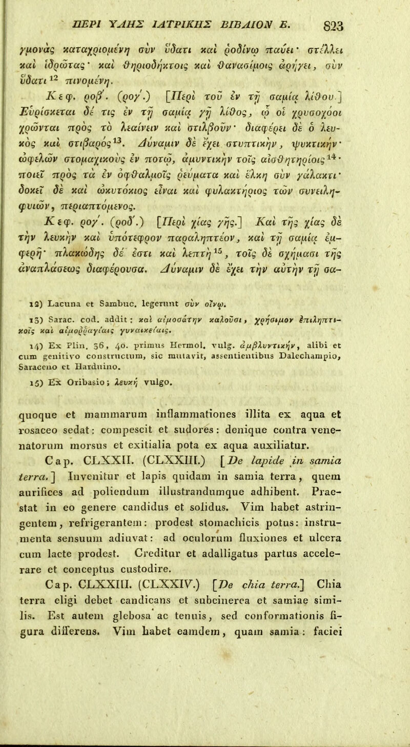 y/iomg xaTaj^QiojAivt] ovv vdaxi xai godlvco itavn' gviXXh xal Idgmvag' xai ■&t]Qiod/ixTOig xai ■O^avaoijAOtg aQtjytt, ovv vdavi Titvofievf]. Kiq>. QO^. (qo/.) [UeQi rov iv rij oa(iia XiOov '] EvQiOitirai dt rig iv rij aafiia yrj li&og, ip ol 'j^Qvooy^ooi 'IQcavrai nQog ro 'ktaivttv xai tsvil^ovv' dtaqjiQti ds 6 Xtv- xog xai avi^aQog^^. /Ivvajjiiv ds tyti ovvnxixfjv, ipvxvixriv' wqitXdjv ovofia'j^txohg iv novco, afivvvixf]V roig alodqvt]0LOig'^^' iTOtii nQog ra iv oq&aXiioig Qtvfiara xai tXxtj ovv yuXaxvi' doxti de xai coxvvoxtog tivai xui (pvXaxvi^oiog voov ovvttXt]- ^viiov, ntQtanvof.itvog. Ki(f. Qoy . (po(5'.) [ZTf^i /('ag /^?-] Kai rtjg fiag ds trjv XivXKjV xai vnovtqiQov naQaXtjnriov, xai rij oafita ifx- qnQrf nXaxcodfjg de iovt xai Xtnvrj^^, roig di oiijiiaot rijg civanXaoiuig diaqisQovaa. /Ivvafiiv de syti rijv avrrjv rij aa- iS) Lacuna et Sambuc. legenint avy olyif. lo) Sarac. cod. addit; xal atfjoaarrjy xaXovat, x^tjat/xor iniXrjnTt- tiois xai ai/i40^(iaytaig yvvatxei'ut<;, i.-i) Ex Plin. 56, 40. primiis Hcrmol. vul°:. d/j^Xuyrix^y, alibi et cum geiiitivo constriictiira, sic mulavit, assentiemibus Dalechamplo, Saracciio et Harduino. 15) Ex Oribasio; ievx)] vulgo. quoque et mammarnm inflammationes illita ex aqua et rosaceo sedat: compescit et sudores : denique contra vene- natornm morsus et exitialia pota ex aqua auxiliatur. Cap. CLXXII. (CLXXin.) [De lapide \in samia terra. ] Invenitur et lapis quidam in saniia terra, quem auriftccs ad poliendum illustrandumque adhibent. Prae- stat in eo genere candidus et solidus. Vim habet astrin- gentem, refrigeranteiii: prodest stomachicis potus: instru- menta sensuum adiuvat: ad oculorum fluxiones et ulcera cum lacte prodest. Creditur et adalligatus partus accele- rare et conceptus custodire. Cap. CLXXIII. (CLXXIV.) \_De chia terra.] Chia terra eligi debet candicans et subcinerca et samiae simi- lis. Est autem glebosa ac tenuis, sed conformationis fi- gura diiTerens. Vim Labet eamdem, quam samia ; faciei