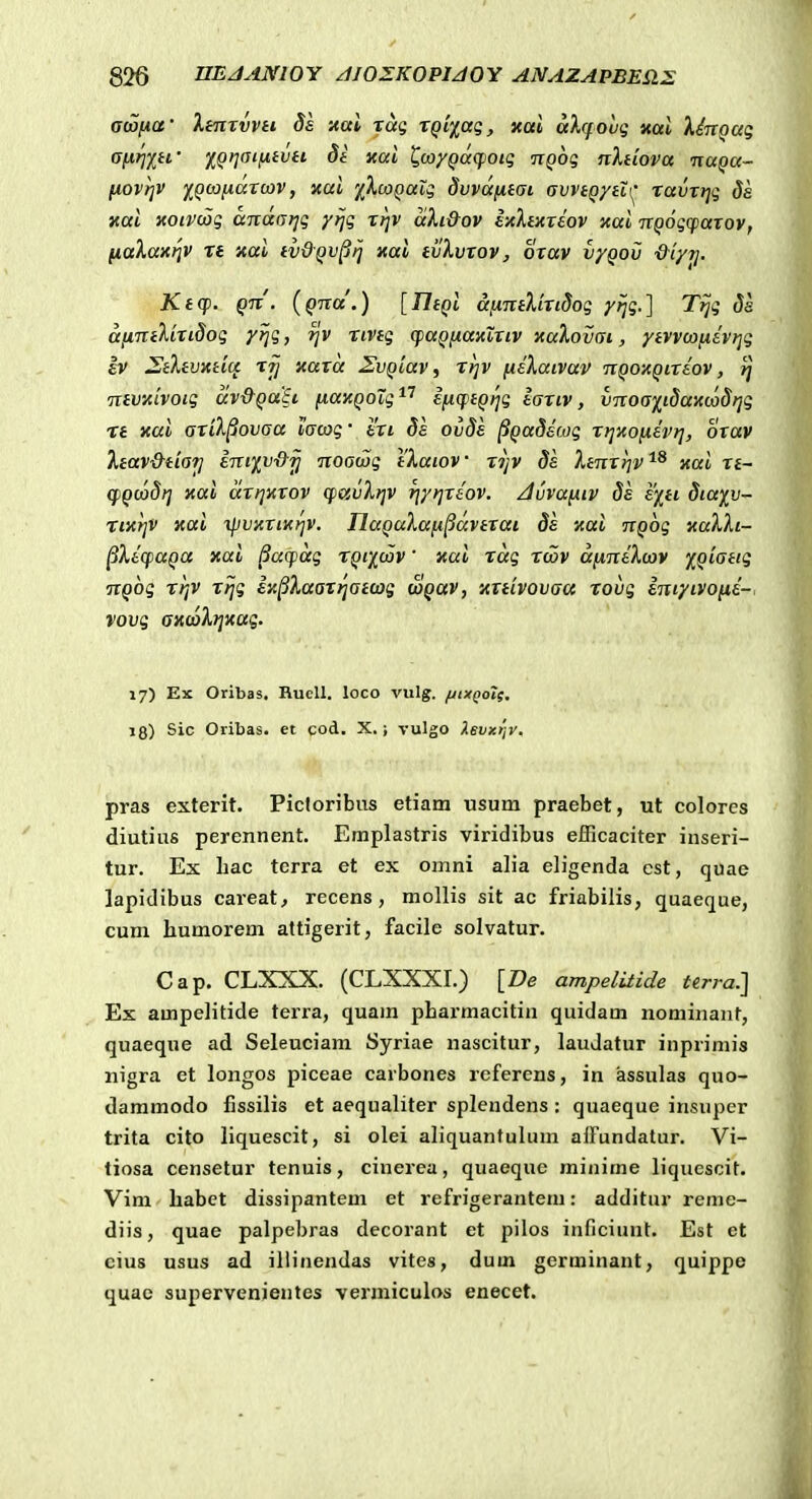 acofia' Xinrvvti ds xai rag rQi%aq, jtai aXcfovg nal XinQaq OfXTjiH' iQrjaifitvti 81 yai ^coyQaqjoig ngog nXtiova naQa- (iovf]V ^Qcafidrcov, «ai '/XcoQuig dvvdfitai avvtQytii^ Tavvrjg ds zai Koivwg andarjg yijg rrjv dXi&ov i'AtxTeov xai nQogcparov, (iaXaxi^v re xai tv&Qv^ij xai tvXvTov, orav vyQov '&iyi]. Ktcp. Qn. [qna.) [TltQi dnntXiudog y^g.] Tijg da d[intXiTidog yrjg, tjv rivtg q>aQiiaxlTiv xaXovai, yivvcofiivr^g iv StXtvxtioc TTj xaTa SvQiav ^ Ttjv niXaivav nQoxQiTtov, ^ Tiivxlvoig dv&QaSi fiaxQoXg^^ ifiqjtQrig tariv, vnoaxidaxtodtjg rt xai aTiX^ovaa lacog' bTi 81 ovde ^QaSkog Ttjxofievr], otov Xtav&tiar] inixv&ij noawg tXaiov tijv 8e XtnT>]v'^^ xai Tt~ qjQoodr] xai aTrjxrov q)avX>]V rjyfjTtov. Jvvafiiv ds s^ti ^iayv- rixf]V xai ■^JvxTixrjv. IlaQaXafi^dvtTat 8a xai nQog xaXXi- ^XiqjuQa xai 8aqdg tqiiwv ' xai rdg rwv dfiniXiov ^Qiattg nQog rr]V rrjg kx^XaaTrjattog WQav, xTtivovaa rovg iniyivofii-, vovg axioXrixag. 17) Ex Oribas. Huell. loco vulg. fjixQolg, ig) Sic Oribas. et cod. X.; vulgo i.6vx)'jy, pras exterit. Picloribus etiam usum praebet, ut colores diutius perennent. Emplastris viridibus efficaciter inseri- tur. Ex bac terra et ex omni alia eligenda cst, quae lapidibus careat, recens , mollis sit ac friabilis, quaeque, cum humorem attigerit, facile solvatur. Cap. CLXXX. (CLXXXI.) [De ampelitide terra.] Ex ampelitide terra, quain pharmacitin quidam nominant, quaeque ad Seleuciam Syriae nascitur, laudatur inprimis nigra et longos piceae carbones referens, in assulas quo- dammodo fissilis et aequaliter splendens ; quaeque insuper trita cito liquescit, si olei aliquantulum alFundatur. Vi- tiosa censetur tenuis, cinerea, quaeque minime liquescit. Vim babet dissipantem et refrigerantem: additur reme- diis, quae palpebras decorant et pilos inficiunt. Est et cius usus ad illinendas vites, dum germinant, quippc quae supervenientes vermiculos enecet.