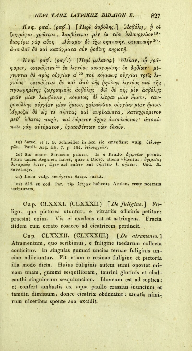 l^wyQaq^oi iQwvxai, Xafji^avtxai iaIv ix Twv vtXovQyticov^^' 8iaq:tQti yaQ avxij. Juvafiiv Se e'/^ti at]7tTix^}V, arvnrix^v ' dnovXoi de xai xardyfiava avv QodiVTj x/y^cor^. Kicp. Qvrpi. (Qny.) [UtQl neXavog.] MeXav, w /Qa- (f0(.iiv, aaivaQtxaL'^^ en hyvvog avvayoixevtjg ex dudicav (xl- yvvvxai de nQog ovyyiav a ■^^ xov xoufxtcog ovyyiaL XQttg Xi~ yvvog' axtvoQtxaL ds xai d-ao xtjg Qfjxivf^g Xiyvvog xai x>jg / TtQotiQrinivrig t,a)yQa(fiXfjg da§6Xrjg • dtl 8e x?jg fih da^oXrjg fivdv uiav XafL^dvtiv, xoj.ifitcag 8e XixQav fxlav tjfiiav^ xau- Qoy.olX>jg ovyyiav fiiav hfiiav, y^aXxdv&ov ovyyiav fiiav tjfiiav. 'AQfio^ti 8s iYg xt arjTTxag xai uvQixavaxa, xaxa'/^Qi6fitvov fie^ v8axog na-fv, xai ecofitvov uiQig dnovXooatojg' dnoni~ nxti yaQ avvofiaxov, vyiaa&evxojv rav tXxuiv. 19) Sarac. ct J. G. Schiieider in lex. sic emendant viilg. ve/LoVQ- yuy. Paull. Acg. lib. 7. p. 232. iif/loi/fj^uuy. 20) Sic omnes Saraccno priores. Is e Panllo 5ot/JsTav i>osuit. Pliira taraeu Acgineta habet, quae a Diosc. aliena videntur : SQifjeiag dvyctjuetag iaity, ujsts xal xaieiv xal oyjmsiv 1. aijneiv. Cod. X. xavacixj^v. 21) Loco vulg. avvdysTai Sarac. suasit, 23) Ald. et cod. Par. jrjv lCrqav habent; Asulan. recte nostTam scripturam. Cap. CLXXXI. (CLXXXII.) [De fuligine.'] Fu-' ligo, qua pictores utuntur, e vitrariis ofEcinis petitur: praestat enim. Vis ei exedens est et astringens. Fracta itidem cum cerato rosaceo ad cicatricem perducit. Cap. CLXXXII. (CLXXXIII.) {De alramenio.^ Atramentum, quo scribimus, e fuligine taedarum collecta conricitnr. In singulas gummi uncias ternae fuliginis un- ciae adiiciuntur. Fit etiam e resinae fuligine et pictoria illa modo dicta. Huius fuliginis autem sunii oportet mi- nam unam, gummi sesquilibram, taurini glutinis et cbal- cantbi singulorum sesquiunciam. Idoneum est ad seplica: et confert ambustis ex aqua paullo crassius inunctum et tamdiu dimissum, donec cicatrix obducatur: sanatis nimi- rum ulceribus sponte sua excidit.