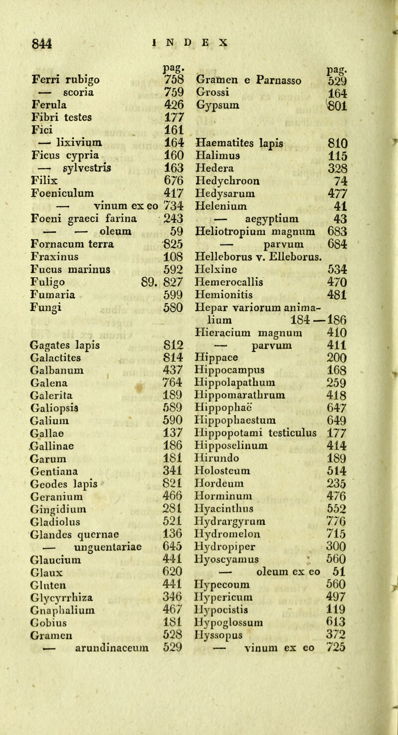 Ferri rubigo pag. pag. 758 Gramen e Parnasso 529 — scoria 759 Gi'ossi 164 Ferula 426 Gypsum ^Ol Fibri testes 177 Fici 161 — lixivium 164 Haematites lapis 810 Ficus cypria 160 Halimua 115 — sylvestris 163 Hedera 328 Filix 676 Hedychroon 74 Foeniculum 417 Hedysarum 477 — vinum ex eo 734 Helenium 41 Foeni graeci farina 243 — aegyptium 43 — — oleum 59 Heliotropium magnum 683 Fornacum terra •825 — parvum 684 Fraxinus 108 Helleborus v. Elleborus. Fucus marinus 592 Plclxine 534 Fuligo 89. 827 Hemerocallis 470 Fumaria 599 Hemionitis 481 Fungi 580 Hepar variorum anima- lium 184 - Hieracium magnum -186 410 Gagates lapis 812 — parvum 411 Galaclites 814 Hippace 200 Galbanum 437 Hippocampus 168 Galena 764 Hippolapatbum 259 Galerita 189 Hippomarathrum 418 Galiopsis 589 Hippophae 647 Galiuni 590 Hippophaestum 649 Gallae 137 Hippopotami testiculus 177 Gallinae 186 Hipposelinum 414 Garum 181 Hirundo 189 Gentiana 341 Holosteum 514 Geodes lapis 821 Hordeum 235 Geranium 466 Horminum 476 Gingidium 281 Hyacinthns 552 Gladiolus 521 Hydrargyrum 776 Glandes qucrnae 136 Ilydromelon 715 — unsjuentariae 645 Hydropiper 300 Glaucium 441 Hyoscyamus 560 Glaux 620 — oleum ex eo 51 Gluten 441 Hypecoum 560 Glycyrrhiza 346 Hypericum 497 Gnaplialium 467 Hypocistis 119 Gobius 181 Hypoglossum 613 Gramen 528 liyssopus 372 •— arundinaceum 529 — vinum ex eo 725