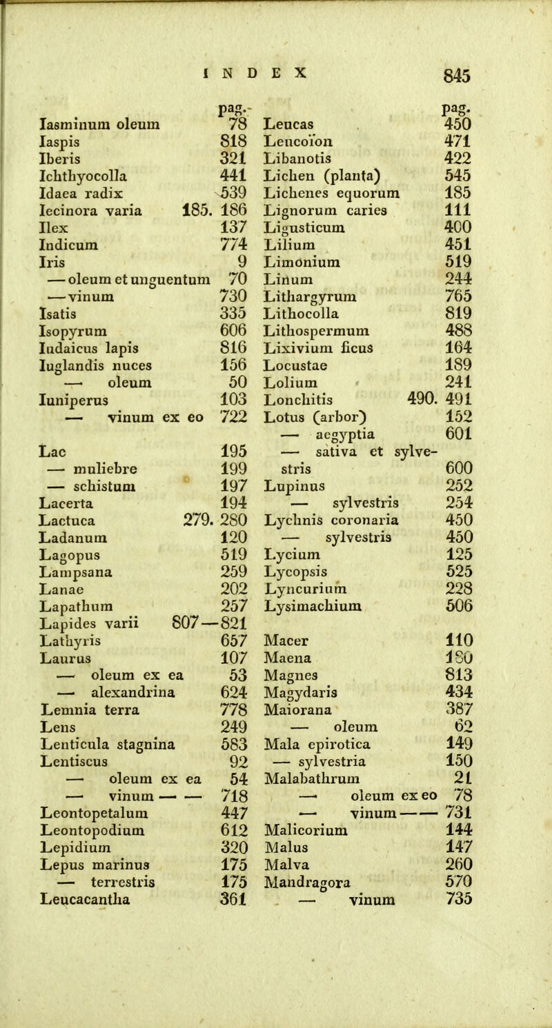 pag.- lasminum oleum 78 laspis 818 Iberis 321 Iclithyocolla 441 Idaea radix 539 lecinora varia 185. 186 Ilex 137 Indicum Iris 9 — oleum et un^uentum 70 — vinum 730 Isatis 335 Isopyrum 606 ludaicus Japis 816 luglandis nuces 156 — oleum 50 luniperus 103 — vinum ex eo 722 Lac 195 — muliebre 199 — schistum 197 Lacerta 194 Lactuca 279. 280 Ladanum 120 Lagopus 619 Lampsana 259 Lanae 202 Lapathum 257 Lapides varii 807- -821 Lathyris 657 Laurus 107 — oleum ex ea 53 •—■ alexandrina 624 Lemnia terra 778 Lens 249 Lenticula stagnina 583 Lentiscus 92 — oleum ex ea 54 —■ vinum 718 Leontopetalum 447 Leontopodium 612 Lepidium 320 Lepus marinus 175 — terrestris 175 Leucacantha 361 Lencas 450 Lencoion 471 Libanotis 422 Lichen (planta) 545 Lichcnes equorum 185 Lignorum cariea 111 Ligusticum 400 Lilium 451 Limonium 519 Linum 244 Lithargyrum 765 Lithocolla 819 Lithospermum 488 Lixivium ficus 164 Locustae 189 Lolium 241 Lonchitis 490. 491 Lotus (arbor) 152 — aegj^-ptia 601 — sativa et sylve- stris 600 Lupinus 252 — sylvestris 254 Lychnis coronaria 450 — sylvestris 450 Lycium 125 Lycopsis 525 Lyncurium 228 Lysimachium 606 Macer 110 Maena 180 Magnes 813 Magydaris 434 Maiorana 387 — oleum 62 Mala epirotica 149 — sylvestria 150 Malabathrum 21 —■ oleum exeo 78 ■—■ vinum 731 Malicorium 144 Malus 147 Malva 260 Mandragora 570 — viuum 735