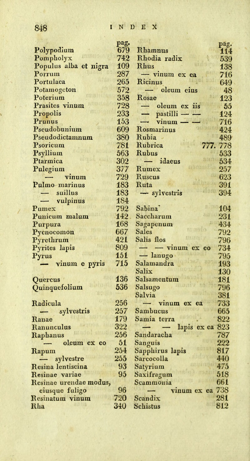 Polypodlum pag. Jr D 679 Rhamnus 114 Pompbolyx 742 Rhodia radix 539 Populus alba et uigra 109 Rhus 138 Porruni 287 — vinum ex ea 716 Portulaca 265 Ricinus 649 Potaniogcton 572 — oleum eius 48 Poterium 358 Rosae 123 Prasites vinum 728 — oleum ex iis 65 Propolis 233 — pastilli 124 Prunus 153 ■—• vinum ■ 716 Pseudobunium 609 Rosmarinus 424 Pseudodictamnum 380 Rubia 489 Psoricum 781 Rubrica 777. 778 Psyllium 563 Rubus 533 Ptarmica 302 — idaeus 534 Pulegium 377 Rumex 257 — vinum 729 PtUSCUS 623 Pulmo marinus 183 Ruta 391 — suillus 183 — sylvestris 394 — vulpinus 184 Pumex 792 Sabina' 104 Punicum malum 142 Saccliarum 231 Purpuia 168 Sagapenum 434 Pycnocomon 667 Sales 792 Pyretlirum 421 Salis flos 796 Pyrites lapis 809 — — vinum ex eo 734 Pyrus 151 — lanugo Salamandra 795 — vinum e pyris 715 193 Salix 130 Quercus 136 Salsamentum 181 Quinquefolium 636 Salsugo 796 Salvia 381 Radicula 256 — vinum ex ea 733 — sylvestris 257 Sambucus 665 Ranae 179 Samia terra 822 Ilanunculus 322 — — lapis ex ea 823 Rapbanus 256 Sandaracha 787 — oleum ex eo 51 Sanguis 222 Rapum 254 Sappbirus lapis 817 — sylvestre 255 SarcocoUa 440 Resina lentiscina 93 Satyrium 475 Resinae variae 95 Saxifragum 518 Resinae ureiidae modus, Scammonia 661 eiusquc fuligo 96 — vinum ex ea 738 Resinatum vinura 720 Scandix 281 Rba 340 Schistus 812