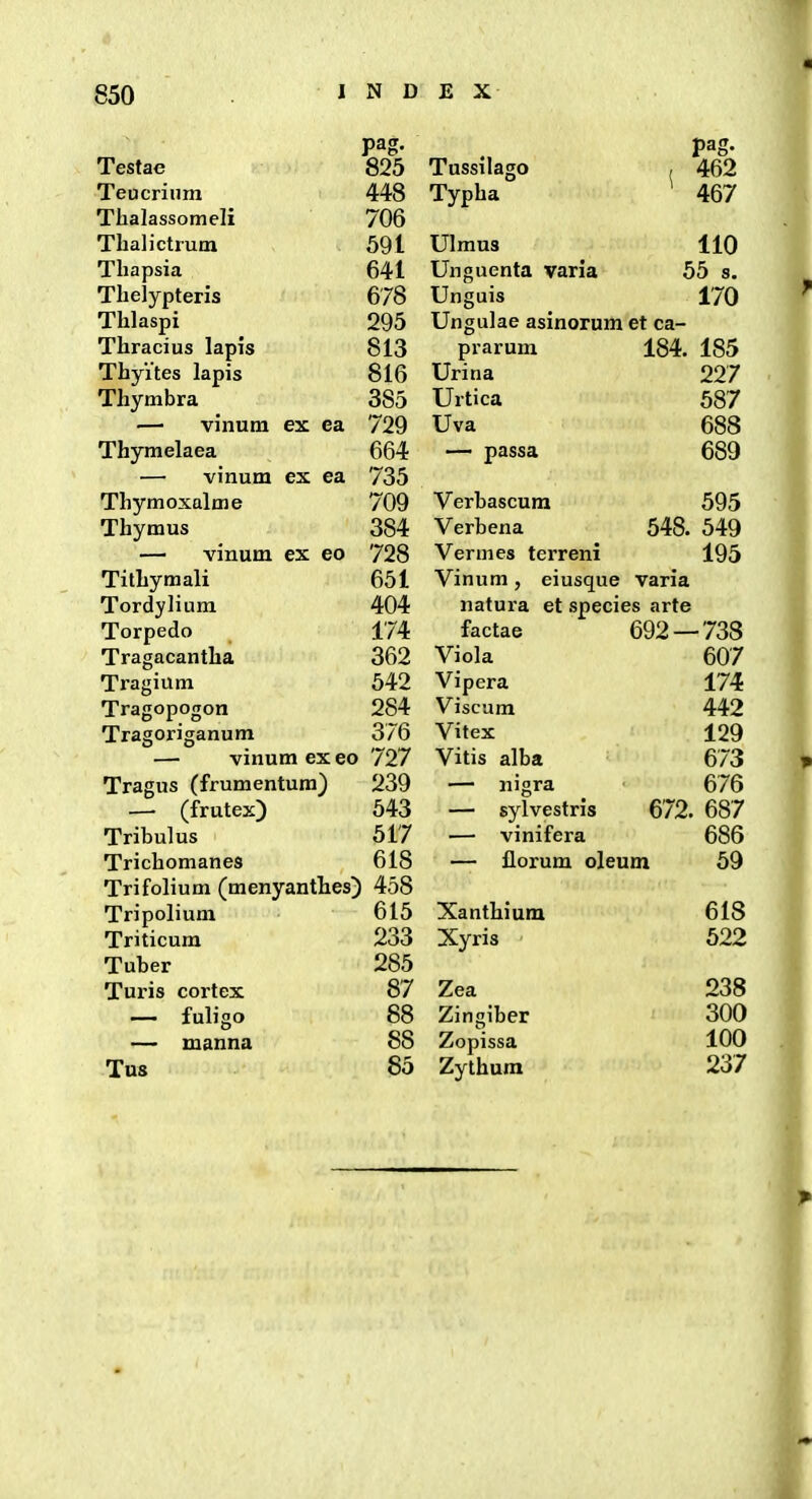 pag. 825 Tussilago Typha , 462 Testae Teucriiim 448 ^ 467 Tlialassomeli 706 Thalictrum 591 Ulmus 110 Tliapsia 641 Unguenta varia 55 s. Thelypteris 678 Unguis 170 Thlaspi 295 Ungulae asinorum et ca- Thracius lapis 813 prarum 184. 185 Thyites lapis 816 Urina 227 Thymbra 385 Urtica 587 — vinum ex ea 729 Uva 688 Thymelaea 664 — passa 689 — vinum ex ea 735 Thymoxalme 709 Verbascum 595 Thymus 384 Verbena 548. 549 — vinum ex 60 728 Vermes terreni 195 Tithymali 651 Vinum , eiusque varia Tordylium 404 natura et species arte Torpedo 174 factae 692 — 738 Tragacantha 362 Viola 607 Tragium 542 Vipera 174 Tragopogon 284 Viscum 442 Trasoriganum 376 Vitex 129 — vinum ex eo 727 Vitis alba 673 Tragus (frumentum) 239 — nigra — sylvestris 676 —■ (frutex) 643 672. 687 Tribulus 517 — vinifera 686 Trichomanes 618 — florum oleum 59 Trifolium (menyantlies) 458 Tripolium 615 Xanthium 618 Triticum 233 Xyris 522 Tuber 285 Turis cortex 87 Zea 238 — fuligo 88 Zingiber 300 — manna 88 Zopissa 100 Tus 85 Zythum 237