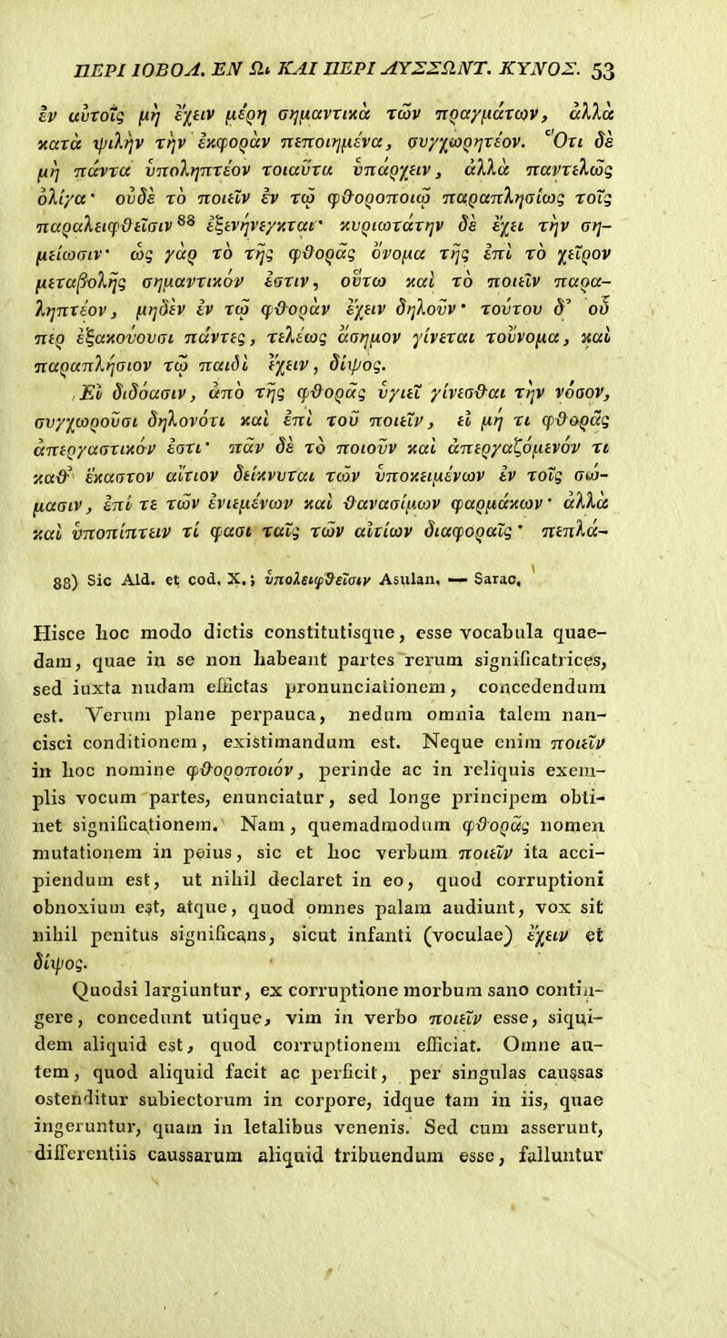 Iv uiirotg nrj £'xfV jui'^^ armavriKa rcov TtQay^arcav, akXa xara tpiXf]v ri]v excfoqav niTioirifj.iva, gvy/^wQjjreov. ^Ort ds fArj navra VTCoXf^nraov roiavru vnaQ'/^eiv, dXXa navriXcog oXi/tt' ovds ro noulv tv rco (p&oQonoicp naQanXrjGtcag roTg nagaXiiq>&iTaiv i^iVi^V£yy.rai' mQicordrtjv ds e^^c rr^v at]- fiiicoaiv cog yccQ ro rtjg cpdoQccg ovofia rijq Ini ro itiQOV {lira^vXrjg at^ixavrixov iariv, ovrcti -Aal rb noitlv naoa- Xrjnreov, fiijdiV iv rca (p&OQCcv fy^nv dtjXovV rovrov ov n(Q e^axovovai ndvng, nXicog aarjnov yivtrai rovvo[4.a, y.at naQanXrjaiov rco naidi i%iiv, diipog. Ei didoaaiv, ano rrjg cfdoQag v/itt yivia&ai rrjv vSaov, avyicoQOvai SrjXovori xai eni rov noittv, ti firj ri cp-doQag dntQyaarixov eart' ndv 8s ro noiovv xai dniQyaX,6i.itv6v ri xa&^ sxaarov alriov diizvvrai rcov vnoy.iinsvcov iv xotg aca- fiaaiv, ini re rcov iviiy.svcov xai &avaaificov cpaQ!A,dxcov' dXXa y,ai vnoninniv ri cfaai ratg rcav airicav diacpoQaTg' ntnXa- 88) Sic Ald. et cod. X.; vnoluif^smv Asulan. — Saiac, Hisce lioc modo dictis constitutisque, esse vocabula quae- dam, quae in se non habeant partes rei'um significatrices, sed iuxta nudam effictas pronunciaiionem, concedendura est. Verum plane perpauca, nedura omnia taleni nan- cisci conditionem, existimandura est. Neque enim noutv in lioc nomine cp&OQonoiov, perinde ac in reliquis exem- plis vocum partes, enunciatur, sed longe principem obti- net signiGca,tionem. Nam , quemadmodum cp&oQag nomen mutationem in peius, sic et lioc verbum noutv ita acci- piendum est, ut niliil declaret in eo, quod corruptioni obnoxium est, atque, quod omnes palara audiunt, vox sit nihil pcnitus sigiiifica,ns, sicut infanti (voculae) sy^tLV et diipog. Quodsi largiuntur, ex corruptlone morbum sano contiu- gere, concedunt utique, vim in verbo noitTv esse, siqui- dem aliquid est ^ quod corruptionem efficiat. Omne an- tem, quod aliquid facit ac perficit, per singulas cau^sas ostenditur subiectorum in corpore, idque tam in iis, quae ingeruntur, quara in letalibus venenis. Sed cum asserunt, differentiis caussarum aliquid tribuendum esse, falluntur