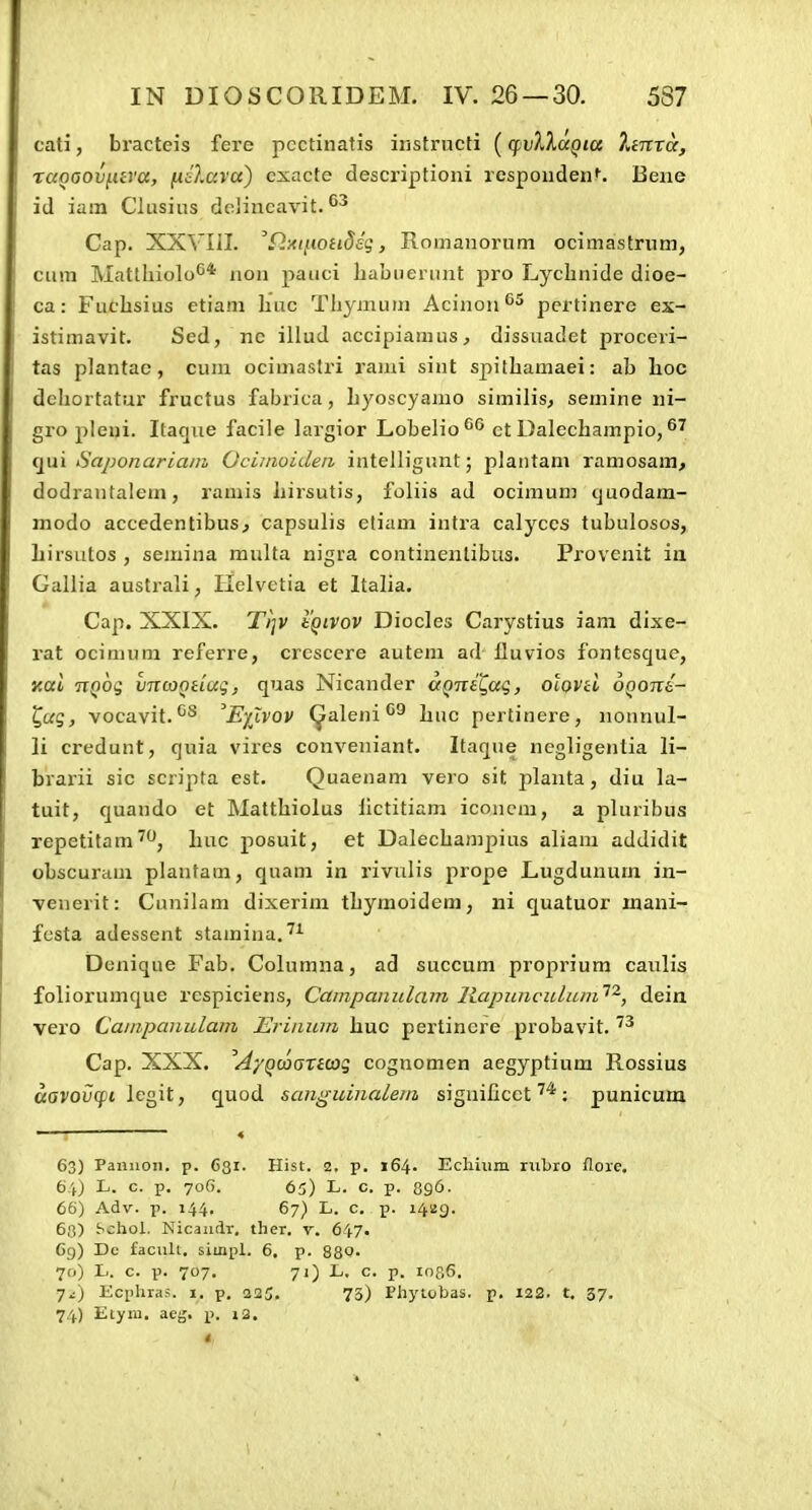 cati, bracteis fere pcctinatis instructi ((pv7^X(XQia 7unrcc, raoaov^ara, fiilava) exacte desci-iptioni respoudenf. Beue id iam Clusius dclincavit. ^-^ Cap. XXVIII. ^fiAifioiideg, Romanornm ocimastrum, cum Matthiolo^* uon pauci liabiierunt pro Lyclinide dioe- ca: Fucbsius etiam liuc Tliymum Acinon^^ pertinere ex- istimavit. Sed, nc illud accipiamus, dissuadet proceri- tas pJantac, cum ociuiastri j'ami sint spithamaei: ab boc dcbortatur fructus fabrica, byoscyamo similis, semine ui- gro pleui. Itaque facile largior Lobelio^^ et Dalechampio, qui •Saponarlam Ocirnoiden intelligunt; plantam ramosara, dodrautalem, ramis birsutis, foliis ad ocimum cjuodam- modo accedentibus^ capsulis etiam intra calyccs tubulosos, Lirsutos , semina multa nigra continenlibus. Provenit in Gallia australi, Ilelvctia et Italia. Cap. XXIX. Ti)v tQivov Diocles Carystius iam dixe- rat ocimuna referre, crescere autem ad lluvios fontcsque, xal TiQog vTtcooHug, quas Nicauder aQniL,ag, olovd oQont- t,ug, vocavit.*'^ 'Eylvov ^aleni liuc pertinere, nonnul- li credunt, quia vires conveniant. Itaque ncgligentia li- brarii sic scripta est. Quaenam vero sit planta, diu la- tuit, quando et Mattbiolus lictitiam iconcm, a pluribus repetitara^'', buc posuit, et Dalecbampius aliani addidit obscuram plantam, quam in rivulis prope Lugdunum in- venerit: Cunilam dixerim tbymoidem, ni quatuor inani- fcsta adessent stamina. Denique Fab. Columna, ad succum proprium caulis foliorumque respiciens, Campanulam liapunculum'^'^, dein vero Campanulam Erinum buc pertincre probavit. Cap. XXX. AyQWGXtcog cognomen aegyptium Rossius aavovcfi legit, quod sanguinaleiii siguiiicct; punicum 63) Panuoii. p. 631. Hist. 2. p. 164. Ecliiiiia nibro floie. L. c. p. 706. 65) L. c. p. 896. 66) Adv. p. 144. 67) L. c. p. 14^9. 68) Jichol. NicaiiAr. ther. v. 647. 69) De facxilt. simpl. 6. p. 880. 70) L. c. p. 707. 71) L. c. p. 1086. 7^) Ecphras. i. p. 225. 73) Phytobas. p, 122. t, 37. 74) Etyni. aet;. p. i2.