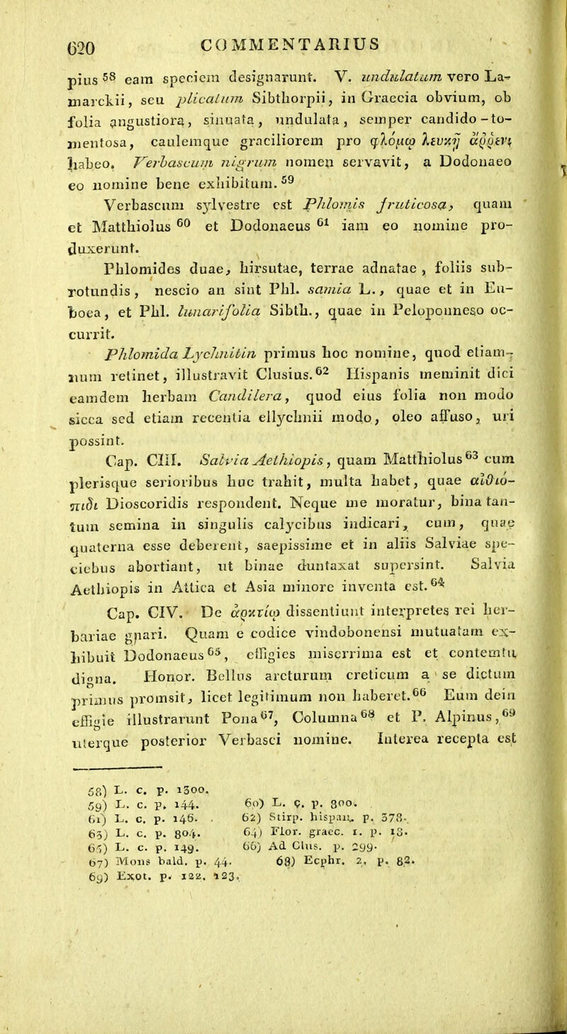 pius eam specicin designarunt. V. imdulatum vero La-^ marckii, scu plicalmn Sibtborpii, in Graecia obvium, ob folia i^ngustiora, siauata, undnlata, semper candido-to- mentosa, caiilemque graciliorem pro qrlojUO) XiVAri a§^tvi, Jxabeo. Verhaseuiti niiyrum nomeji servavit, a Dodonaeo eo nomine bene exliibitum. Verbascum sj^^lvestre cst Phlomis Jruticosa, quam ct Matthiolus et Dodonaeus iam eo iiomine pro- tluxerunt. Phlomides duae, hirsutae, terrae adnatae , foliis sub- rotundis, nescio an sint Phl. samia L., quae et in Eu- ■fcoea, et Phl. lunarifoUa Sibth., quae in Peloponneso oc- currit. Phlomida LycJinitin primus hoc noniine, quod etiam- lium retinet, illustravit Clusius.Ilispanis meiriinit dici eamdem herbam Candilera, quod eius folia non niodo sicca sed etiam recentia ell^a-hnii modo, oleo affuso, uri possint. Cap. Cni. Salvia Aeihiopis, quam Matthiolus cum plerisque serioribus huc trahit, multa habet, quae alOio- nidi Dioscoridis respondent. Neque me moratur, bina tan- tuui semina in singulis calycibus indicari, cum, qnae quatcrna esse deberent, saepissime et in aliis Salviae spe- ciebus abortiant, ut binae duntaxat supersint. Salvia Aetbiopis in Attica et Asia minore invcnta cst.^* Cap. CIV. De ccQ-^Tup dissentiunt intejcpreteg rei her- bariae gpari. Quam e codice vindobonensi mutuatam ex- hibuit Dodonaeus^*, cfngies miscrrima est et contemtu digna, Honor. Bellns arcturum creticum a. se dictum primiis promsit, licet legitimum non haberet.^^ Eum dein effi<ne illustrarunt Pona^^, Columna^^ et P. Alpinus,*^'* n!erque posterior Verbasci nomine. Interea recepla est 5a) L. c. p. 1300. 5g) Ij. c. 144. 6) P- V- 30. Gi) L. c. p. 148. . 62) Stirp. hisp,\iu p. 378-. 63) L. c. p. 804- C41 Fior. graec. i. p. 13. 6,';) L. c. p. 149. t)6) Ad Cliis. p. 299- b7) Moixs bald. p. 44. 63) Ecphr. 2. p. 8.2. 69) lixot. p. I2SS. 123,