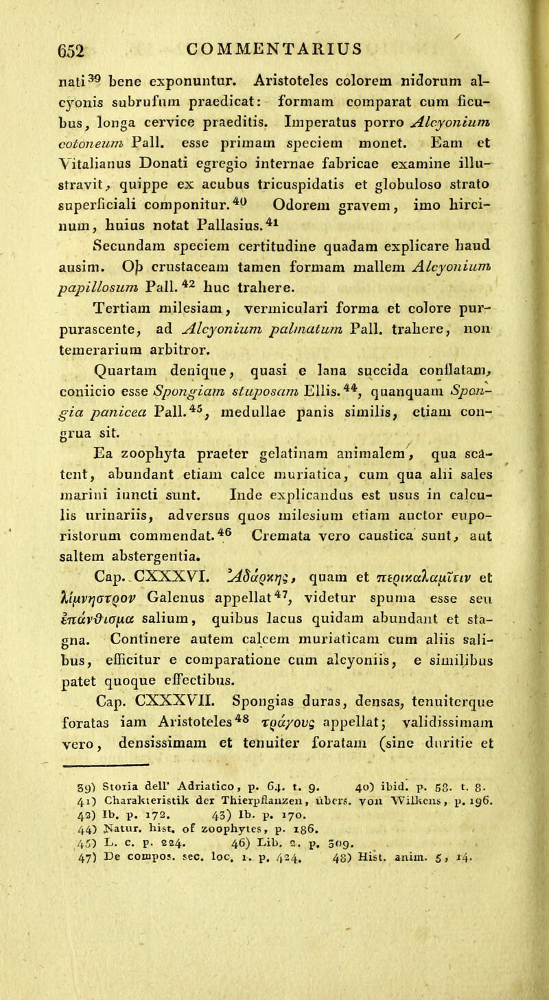 nati^ bene exponuntur. Aristoteles colorem nidorum al- cjronis subrufum praedicat: formam comparat cum ficu- bus, longa cervice praeditis. Imperatus porro Alcyonium cotoneum Pall. esse primam speciem monet. Eam et Vitalianus Donati egregio internae fabricae examine illu- stravit^ quippe ex acubus tricuspidatis et globuloso stralo superficiali componitur. Odorem gravem, imo hirci- num, huius notat Pallasius.** Secundam speciem certitudine quadam explicare liaud ausim. Ofj crustaceara tamen formam mallem Alcyonium papillosum Pall. huc trahere. Tertiam milesiam, vermiculari forma et colore pur- purascente, ad Alcyonium palmatum Pall. trahere, non temerarium arbitror. Quartam denique, quasi e lana succida conllatam, coniicio esse Spongiam stuposam Ellis. quanquam Spcii- gia panicea Pall.medullae panis similis, etiam con- grua sit. Ea zoophyta praeter gelatinam animalem , qua sca- tent, abundant etiam calce muriatica, cum qua alii sales mariui iuncti sunt. Inde explicandus est usus in calcu- lis urinariis, adversus quos milesiura etiara auctor cupo- ristorum commendat.*^ Cremata vero caustica sunt, aut saltem abstergentia. Cap. CXXXVI. lAdaQxrii;, quam et ntQiKalanXxiv et X'iiA.V7]arQ0V Galeuus appellat*', videtur spuma esse sevi endv&iGfia salium, quibus lacus quidam abundant et sta- sna. Continere autem calcem muriaticam cum aliis sali- o bus, efficitur e comparatione cum alcyoniis, e similibus patet quoque elTectibus. Cap. CXXXVII. Spongias duras, densas, tenuiterque foratas iam Aristoteles*^ TQa/ovg appellat; validissimam vcro, densissimam et tenuiter foratam (sine duritie et gg) Stoiia deU' Adriatico, p. G.\. t. 9. 40) ibid. p. 58- t. Q. 41) Charaltteristik dcr Thierpflauzen, libcrs. vou Wiikciis, p. 196. 42) Ib. p. 172. 43) Ib. p. 170. 44) Katxir. hist. of zoophytes, p. 186. 45) L. c. p. 224. 46) Lib, 2. p. 309. 47) De coinpof. sec. loc. i. p. 424. 43) Hist. aiiim. 5, 14.