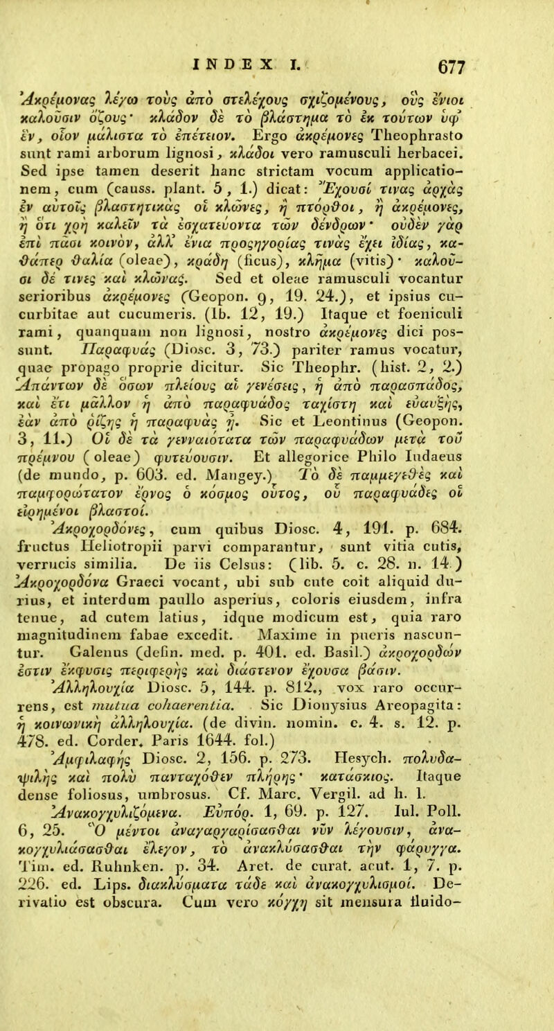 'AxQSfiOvag 7,e'/(o rovg 0116 artXs-j^ovg GXi^o/isvovg, ovg svioi xaXovaiv 6^01/5 • -A%d8ov da ro pXdarrjficc ro Ik rovvcov vcp tv, oiov (luXiaxa ro in&niov. Ergo di(Q£(iovig Theophrasto sunt rami arborum lignosi ^ xXddoi vero ramusculi herbacei. Sed ipse tamen deserit hanc strictam vocum applicatio- nem, cnm (causs. plant. 5, 1.) dicat: E-/^ova't, rivag aQf^dg iv avrolg ^Xaarijrixag ol xXajng, ?] nroQ&oi, d)(Qeuovig, Tl ori 1Q>] xaXtZv rd iaiartvovra rwv devdQcov' ovdsv ydg ini Tiuai xoivov, aXX tvia nQogriyoQiag rivdg i)(^ii Idiag, xa- ■OuTXtQ -O^aXia (oleae), XQaSrj (ficus), xXfjna (vitis) • xaXov- ai di rivtg xai xXcovag. Sed et oleae ramusculi vocantur serioribus axQefjiovtg CGeopon. 9, 19. 24.), et ipsius cu- curbitae aut cucumeris. (Ib. 12, 19.) Itaque et foeniculi rami, quanquain non lignosi, nostro dxQifxovtg dici pos- sunt. UaQaqivdg (Dio.sc. 3, 73.) pariter ramus vocatur, qnac propago proprie dicitur. Sic Theophr. (hist. 2, 2.) 'Jindvrcov ds oacov nXtiovg al ytviatig, f] dno naQaanddog, xai ivi (idXXov rf dno naQacfivddog ray^iarr] xai tvav^i^g^ idv ano Qi^rjg rj naQatfvdg rj. Sic et L.eontinus (Geopon. 3, 11.) 01 de rd ytvvuiorara rcav nuQacfvadcov (ura rou nQi(xvov (oleae) cfivrtvovaiv. Et allegorice Philo ludaeus (de munclo^ p. 603. ed. Maugey.) Tb 8e na(x(itytdig xai na^tcfOQvorarov tQvog 6 xoaixog ovrog, ou nuQaqvadtg ol iiQ>](iivoi ^Xaaroi. 'AxQOXOQdovtg, cuni quibus Diosc. 4, 191. p. 684. fructus Ileliotropii parvi comparantur, sunt vitia cutis, verrucis similia. De iis Celsus: (lib. 5. c. 28. n. 14 ) !Ay.Q0/[^0Qd6va Graeci vocant, ubi snb cute coit aliquid du- rius, et interdum paullo asperius, coloris eiusdem, infra tenue, ad cutcm latius, idque modicum est, quia raro magnitudinem fabae excedit. Maxime in pucris nascun- tur. Galenus (deOn. med, p. 401. ed. Basil.) d}'.QO'/^OQdcov iariv i'-ACpvaig ntQicptotjg xai didartrov eiovaa ^daiv. 'AXXi]Xovxia Diosc. 5, 144. p. 812,, vox raro occnr- rens, est mutua coliaerentia. Sic Oionysius Areopagita: ^ xoivcavixrj dXXrjXov/^ia. (de divin. nomin. c, 4. s, l2. p. 478. ed. Corder, Paris 1644. fol.) 'A(irpiXaqr]g Diosc. 2, 156. p. 273. Hesjrcli, noXvda- ipiXrjg xai noXv navra/pOtv nXrjorjg' xaruaxiog. Itaque dense foliosus, umbrosus. Cf. Marc. Vergil. ad h. 1. Avaxoy^vXiC,b(itva. EvnoQ. 1, 69. p, 127. lul. Poll. 6, 25. (xivroi dvayaQyuQiaaadai vvv Xiyovaiv, dva- xoy/vXidaaa&ai eXtyov, ro dvaxXvaaa&ai rrjv cfaQvyya. Tiui. ed. Ruhnken, p. 34. Aret, de curat, acut, 1, 7, p. 226, ed. Lips. 8iaxXva(iara rddt xai dvaxoyjivXia(ioi. De- rivatio est obscura. Cum vcro xoypj sit mensura lluido-