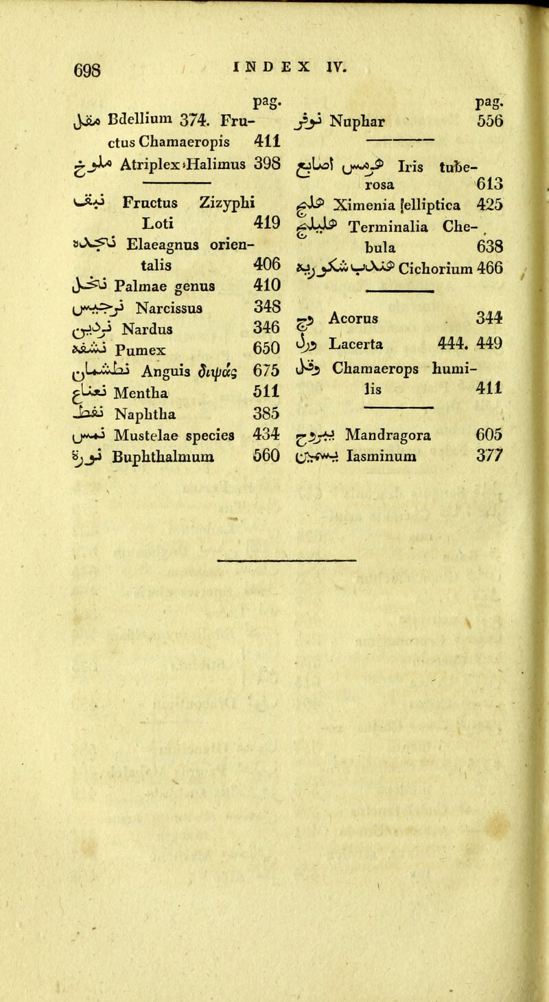 ^ Bdellium 374. Pru- ctus Chamaeropis 411 Atriplex iHalimus 398 '^•'j Frnctus Zizyphi Loti 419 aJy^sU Elaeagnus orieu- talis 406 Palmae genus 410 Narcissus 348 Qjpy Nardus 346 Pumex 650 ^^U-iJaj Anguis dti/iag 675 ^Lui Mentha 511 Jaaj Naphtha 385 Mustelae species 434 sjjj Buphthalmum 660 pag. jtjj Nuphar 556 ^Lo^ y*^-5> Iris tuhe- rosa 613 gJ^ Ximenia [elHptica 425 gXJP Terminalia Che- , bula 638 iUjy^Vr^-*^ Cichorium 466 Acorus 344 J)*) Lacerta 444. 449 Chamaerops humi- lis 411 <^^ji^- Mandragora 605 (J^fw-J lasminum 377