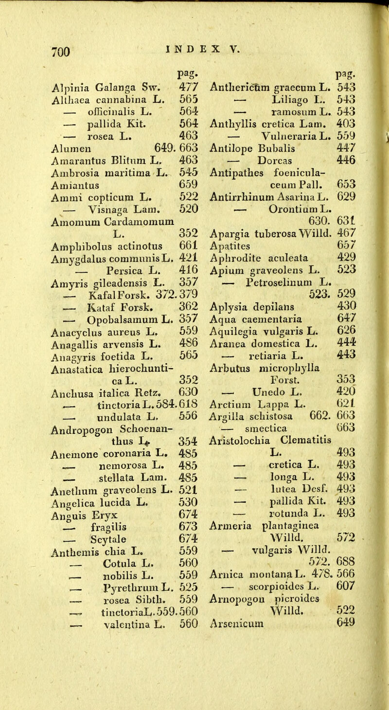 pag. Alpinia Galanga Sw. 477 Allliaea cannabina L. 565 — officinalis L. 564 — pallida Kit. 564 — rosea L. 463 Alumen 649. 663 Amarantus Blitnm L. 463 Ambrosia maritima L. 545 Amiantus 659 Amrai copticum L. 522 — Visnaga Lam. 520 Amonium Cardamomum L. 352 Ampliibolus actinotus 661 Araygdalus comramiisL. 421 — Persica L. 416 Amyris gileadensis L. 357 — KafalForsk. 372.379 — Kataf Forsk. 362 — Opobalsamum L. 357 Anacyclus aureus L, 559 Anagallis arvensis L. 486 Anagyris foetida L. 565 Anastatica liierocliunti- ca L. 352 Ancliusa italica Retz, 630 .— tinctoriaL.584.618 — undulata L. 556 Andropogon Schoenan- tbus I4. 354 Anemone coronaria L, 485 ^ nemorosa L. 485 — stellata Lam. 485 Anetlium graveolens L. 521 Angelica lucida L. 530 Anguis Eryx 674 —• fragilis 673 — Scytale 674 Anthemis chia L. 559 — Cotula L. 560 ,— nobilis L. 559 I^yrethrumL, 525 rosea Sibtb. 559 tinctoriaL.559.560 valeutina L. 560 Antheric^fim graecum L. 543 — Liliago L. 543 — ramosum L. 543 Anthyllis cretica Lam. 403 — VulnerariaL. 559 Antilope Bubalis 447 — Dorcas 446 Antipathes foenicula- ceum Pall. 653 Antirrhinum AsarinaL. 629 — Orontium L. 630. 631 Apargia tuberosa Willd. 467 Apatites 657 Aphrodite aculeata 429 Apium graveolens L. 523 — Petroselinum L. 523. 529 Aplysia depilans 430 Aqua caementaria 647 Aquilegia vulgaris L. 626 Aranea domestica L. 444 — retiaria L. 443 Arbutus microphylla Forst. 353 — Unedo L. 420 Arctium Lappa L. 621 Argilla scbistosa 662. 663 — smectica 663 Aristolocbia Clematitis L. 493 — cretica L. 493 — longa L. 493 — lutea Desf. 493 — pallida Kit. 493 — rotunda L. 493 Armeria plantaginea Willd. 572 — vulgaris Willd. 572. 688 Arnica montanaL. 478. 566 — scorpioidcs L. 607 Arnopogou nicroides Willd. 522 Arsenicum 649