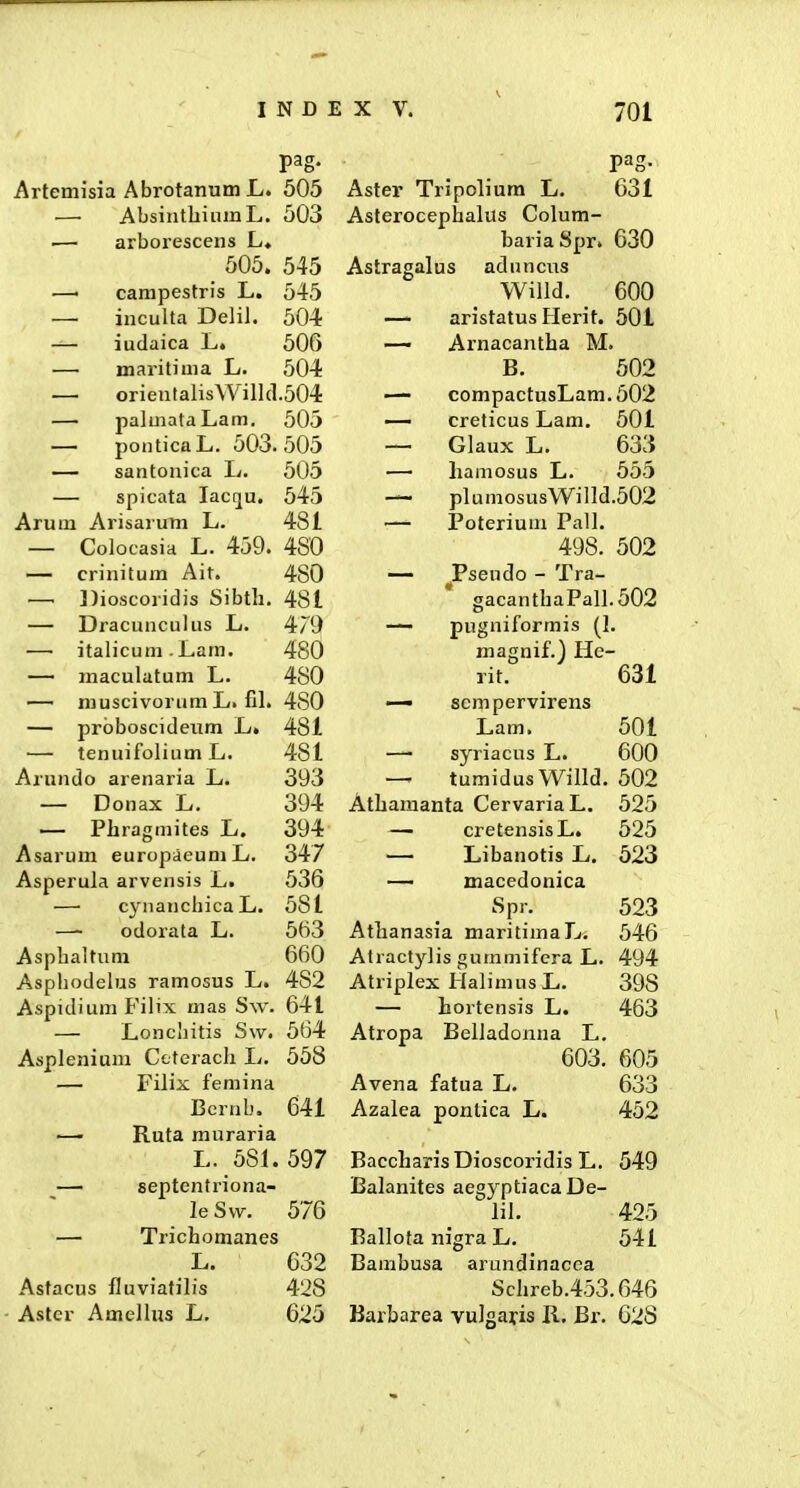 pag. Artemisia Abrotanum L. 505 —• AbsintliiumL. 503 •— arborescens L« _ 505. 545 •—• campesfris L. 545 — inculta Delil. 504 — iudaica L. 50G — maritima L. 504 — orientalisWilld.504 — palmataLam. 505 — ponticaL. 503.505 — santonica L. 505 — spicata lacQU. 545 Arum Arisaruni L. 481 — Colocasia L. 459. 480 — crinitum Ait. 480 — Dioscoridis Sibth. 481 — Dracunculus L. 479 — italicum . Lam. 480 — maculatum L. 480 — muscivorum L. fil. 480 — prbboscideum L. 481 — tenuifolium L. 481 Arundo arenaria L. 393 — Donax L. 394 — Phragmites L. 394 Asarum europaeumL. 347 Asperula arvensis L. 536 —• cynanchicaL. 581 —- odorata L. 553 Asphaltuni 660 Asphodelus ramosus L. 482 Aspulium Filix mas Sw. 641 — Loncbitis S\v. 564 Asplenium Ceterach L. 558 — Filix femina Bernb. 641 — Ruta muraria L. 581. 597 — septentriona- leSvv. 576 — Trichomanes L. 632 Astacus fluviatilis 428 Aster Amellus L. 625 pag. Aster Tripolium L. 631 Asterocephalus Colum- baria Spr. 630 Astragalus aduncus Willd. 600 — aristatus Herit. 501 — Arnacantha M. B. 502 — compactusLam.502 — creticus Lam. 501 — Glaux L. 633 — hamosus L. 555 — plumosusWind.502 — Poterium Pall. 498. 502 — Pseudo - Tra- gacanthaPall.502 — pugniformis (I. magnif.l He- rit. 631 scmpervirens Lam. 501 — syriacus L. 600 — tumidusWilld. 502 Athamanta CervariaL. 525 — cretensisL. 525 — Libanotis L. 523 —■ macedonica Spr. 523 Athanasia maritimaL. 546 Atractylis gummifera L. 494 Atriplex HalimusL. 398 — hortensis L. 463 Atropa Belladonna L. 603. 605 Avena fatua L. 633 Azalea ponlica L. 452 BaccharisDioscoridis L. 549 Balanites aegyptiaca De- lil. 425 Ballota nigra L. 541 Bambusa arundinacoa Schreb.453.646 Barbarea vuJgayis R. Br. 628
