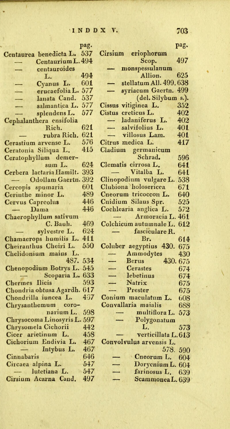 Centaurea benedicta L. 537 — CentauriumL.494 — centauroides L. 494 ■— Cyanus L. 601 — erucaefoliaL. 577 — laiiata Cand. 537 —• salmantica L. 577 — splendensL. 577 Cepbalanthera ensifolia Rich. 621 — rubra Rich. 621 Cerastium arvense L. 576 Ceratonia Siliqua L. 415 Ceratophyllum demer- sum L. 624 Cerbera lactaria Hamilt. 393 — OdolJam Gaertn. 392 Cercopis spumaria 601 Cerinthe minor L. 489 Cervus Capreohis 446 — Dama 446 Chaerophyllum sativum C. Bauh. 469 — sylvestre L. 624 Chamaerops humilis L. 411 Cheiranthus Cheiri L. 550 Chelidonium maius L. 487. 534 Chenopodium Botrys L. 545 Scoparia L. 633 Chermes Ilicis 593 Chondria obtusa Agardh. 617 Chondrilla iuncea L. 41)7 Chrysanthemum coro- narium L. 598 ChrysocomaLinosyrisL. 597 Chrysomela Cichorii 442 Cicer ai'ietinum L. 458 Cichorium Endivia L. 467 — Intybus L. 467 Cinnabaris 646 Ciicaea alpina L. 547 — lutetiana L. 547 Cirsium Acarna Cand. 497 pag. Cirsium eriophoruin Scop. 497 — monspessulannm Allion. 625 — stellatumAll.499.638 — syriacum Gaertn. 499 (del. Silybum s.) Cissus vitiginea L. 352 402 402 401 401 417 Cistus creticus L. — ladaniferus L. — salvifolius L. — villosus Lam. Citrus medica L. Cladium germanicum Schrad. 596 Clematis cirrosa L, 641 — Vitalba L. 641 Clinopodium vulgareL. 538 Clubiona holosericea 671 Cneorum tricoccon L. 640 Cnidium Silaus Spr. 525 Cochlearia anglica L. 572 — Armoracia L. 461 Colchicum autumnale L. 612 — fasciculare R. Br. 614 Cohiber aegyptius 430. 675 — Ammodytes 430 — Berus 430. 675 — Cerastes 674 — lebetinus 674 — Natrix 675 — Prester 675 Conium maculatxim L. 608 Convallaria maialis 688 —■ muhifloraL. 573 — Polygonatum L. 573 — verticiilafaL.613 Convolvulus arvensis L. 578. 590 — Cneorum L. 604 — DorycniumL. 604 — farinosus L. 639 — ScammoneaL. 639 I