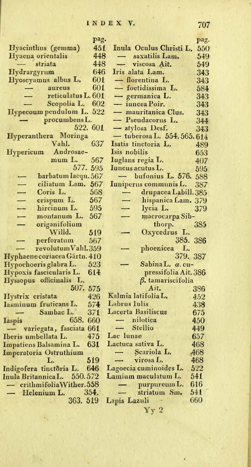 pag. Plyacintlius (gemma) 451 Hyaena orientalis 448 — striata 448 Hydrargyrum 646 Hyoscyamus albus L, 601 — aureus 601 — reticulatus L. 601 — Scopolia L. 602 Hypecoum pcndulum L. 522 — procumbensL. 622. 601 Hyperantliera Moringa Vahl. 637 Hypericum Androsae- mum L. 567 577. 595 ■— barbatunilacqu. 567 ciliatum Lam. 667 — Coris L. 668 — crispum L. 667 ~ hircinum L. 595 — montanum L. 567 — origanifolium Willd. 519 — perforatum 567 revolutumVahl.359 HyphaenecoriaceaGartn. 410 Hypochoeris glabra L. 623 Hypoxis fascicularis L. 614 Hyssopus officinalis L. 607. 575 Hystrix cristata 426 lasminum fruticans L. 574 — SambacL. 371 laspis 658. 660 — variegata, fasciata 661 Iberis umbellata L. 475 Impatiens Balsamina L. 631 Imperatoria Ostruthium L. 519 Indigofera tinctSria L. 646 Inula BritannicaL. 650.572 — crilhmifoliaWither.658 — Ilelenium L. 354, 363. 619 Inula Oculus Christi L. 550 — saxatilis Lam. 549 — viscosa Ait. 549 Iris alata Lam. 343 — llorentina L. 343 •— foetidissima L. 584 ■—■ germanica L. 343 — iunceaPoir. 343 — mauritanica CIus. 343 — Pseudacorus L. 344 — stylosa Desf. 343 — tuberosaL. 554,565.614 Isatis tinctoria L. 489 Isis nobilis 653 luglans regia L. 407 luncusacutus L. 595 — bufonius L. 576. 688 luniperns communis L. 387 drupacea Labill. 385 — hispanica Lam. 379 — lycia L. 379 •— macrocarpaSib- thorp. 385 —• Oxycedrus L. 385. 386 '— plioenicea L. 379. 387 — SabinaL. a. cu- pressifolia Ait. 386 |5. tamariscifolia Ait. 386 Kalmia latifoIiaL. 452 Labrus lulis 438 Lacerta Basiliscus 675 — nilotica 450 — Stellio 449 Lac lunae 657 Lactuca sativa L. 468 — Scariola L, 4:68 — virosa L. 468 Lagoecia cuminoides L. 522 Lamium maculatum L. 541 — purpureumL. 616 — striatum Sm. 541 Lapis Lazuli 660 Yy 2