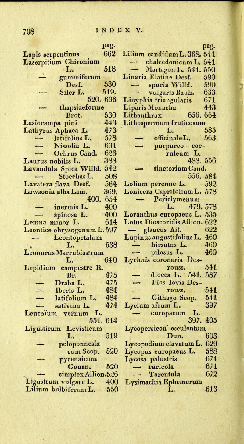 Lapis eerpentinus 662 Laserpitium Chironiam L. 518 — gummiferum Desf. 630 — Siler L. 519. 520. 636 thapsiaeforme Brot. 530 LasJocampa pini 443 Lathyrus Aphaca L. 473 — latifolius L. 578 — Nissolia L. 631 — Ochrus Cand. 626 Laurus nobilis L. 388 Lavandula Spica Willd. 542 — StoechasL. 508 Lavatera flava Desf. 564 Lavirsouia albaLam. 369. 400. 654 — inermis L. 400 — spinosa L. 400 Lemna minor L. 614 Leontice chrysogonura L. 597 — Leontopetalum L. 538 Leonurns Marrubiastrum L. 640 Lepidium campestre R. Br. ~ Draba L. — Iberis L. —' latifolium L. — eativum L. LeucoVum vernum L. 551. 614 Levisticum L. — peloponnesia- cum Scop. — pyrenaicum Gouan, — simplexAllion.526 Ligustrum vulgare L. 400 Lilium buibiferumL. 550 Ligusticum 475 475 484 484 474 519 520 520 Lilium candidumL. 368. 541 ■— chalcedonicum L. 541 — Martagon L. 541. 550 Linaria Eiatine Desf. 590 — spuria Willd. 590 — vulgaris Bauh. 633 Liriyphia triangularis 671 Liparis Monacha 443 Lithanthrax 656. 664 Lithospermum fruticosum L. 585 — officinaleL. 563 purpureo - coe- ruleum L. 488. 556 tinctoriumCand. 556. 584 LoHura perenne L. 592 Lonicera CaprifoliumL. 578 — Periclymenum L. 479.578 Loranthus europaeus L. 535 Lotus Dioscoridis Allion. 622 — glaucus Ait. 622 Lupinus angustifolius L. 460 — hirsutus L. 460 — pilosus L. 460 Lychnis coronaria Des- rouss. 541 — dioeca L. 541. 587 — Flos lovis Des- rouss, 541 — Githago Scop. 541 Lyciura afrum L. 397 — europaeum L. 397. 405 Lycopersicon esculentum Dun. 603 Lycopodium clavatum L. 629 Lycopus europaeus L. 588 Lycosa palustris 671 — ruricola 671 — Tarentula 672 Lysimachia Ephemerum L. 613