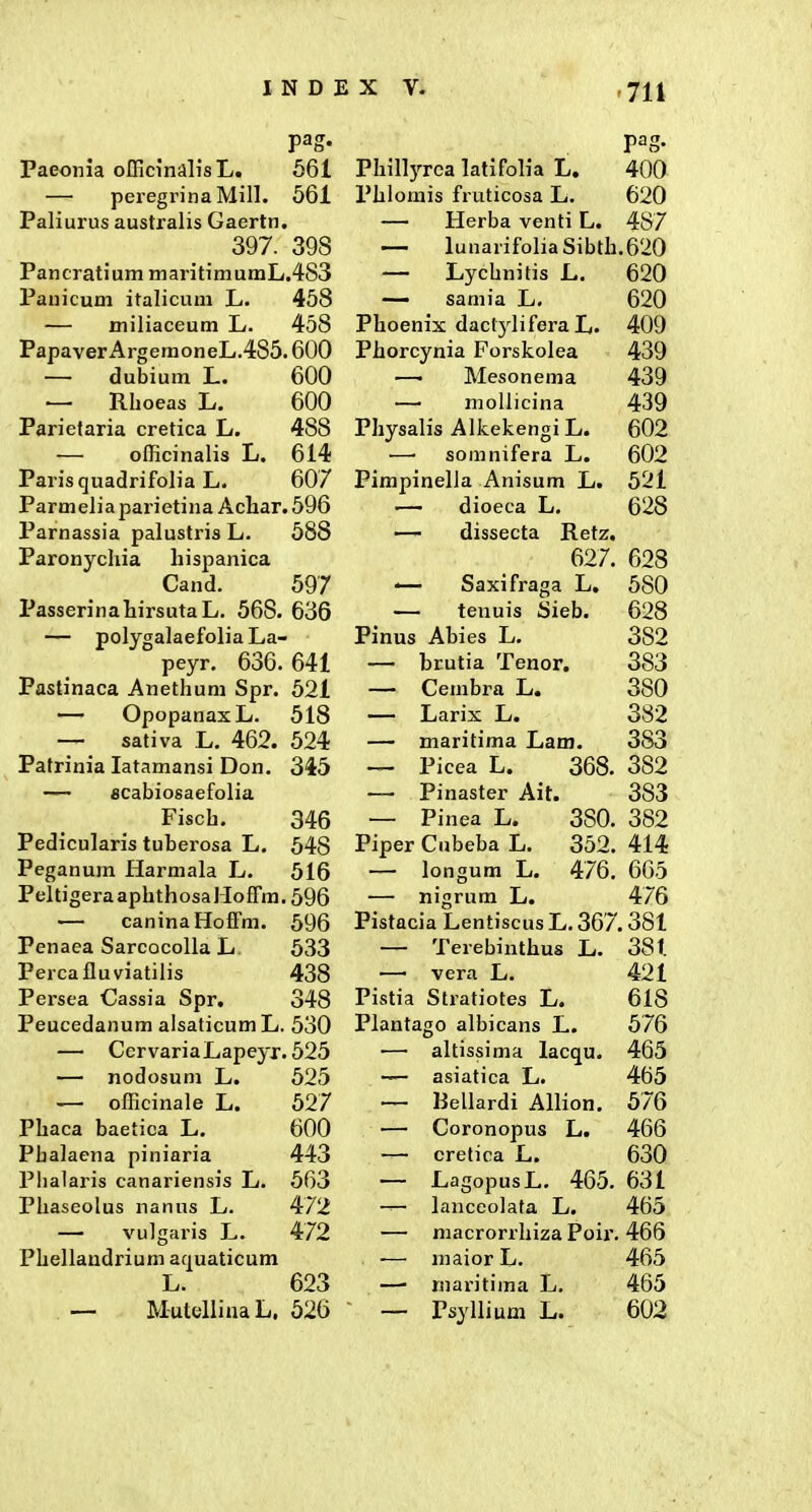 pag. Paeonia officinalisL. 661 — peregrinaMill. 561 Paliurus australis Gaertn, 397. 398 Pancratium maritimumL.483 Pauicum italicum L. 468 •— miliaceum L. 458 Papaver ArgemoneL.485.600 — dubium L. 600 — Rhoeas L. 600 Parietaria cretica L. 488 — officinalis L. 614 Parisquadrifolia L. 607 Parmeliaparietina Acliar.596 Parnassia palustris L. 588 Paronychia hispanica Cand. 597 PasserinahirsutaL. 568. 636 — polygalaefolia La- peyr. 636. 641 Pastinaca Anethum Spr. 521 — OpopanaxL. 518 — sativa L. 462. 524 Patrinia latamansi Don. 345 — ficabiosaefolia Fisch. 346 Pedicularis tuberosa L. 548 Peganura Harmala L. 516 PeltigeraaphthosaMoffm.596 — caninaHoffm. 596 Penaea Sarcocolla L 533 Percafluviatilis 438 Persea Cassia Spr. 348 Peucedanum aisaticumL. 530 — CervariaLapeyr. 525 — nodosum L. 525 — officinale L. 527 Phaca baetica L. 600 Phalaena piniaria 443 Phalaris canariensis L. 663 Phaseolus nanns L. 472 — vulgaris L. 472 Phellaudrium aquaticum L. 623 — MutellinaL. 526 Phillyrca latifolia L. 400 Phlomis fruticosa L. 620 — Herba venti L. 487 — lunarifoliaSibth.620 — Lychnitis L. 620 —- samia L. 620 Phoenix daclylifera L. 409 Phorcynia Forskolea 439 — Mesonema 439 — mollicina 439 Physalis AlkekengiL. 602 —■ somnifera L. 602 Pimpinella Anisum L. 521 — dioeca L. 628 dissecta Retz. 627. 628 '— Saxifraga L, 580 — teuuis Sieb. 628 Pinus Abies L. 382 — brutia Tenor. 383 — Cembra L. 380 — Larix L. 382 — maritima Lam. 383 — Picea L, 368. 382 — Pinaster Ait. 383 — Pinea L. 380. 382 Piper Cubeba L. 352. 414 — longum L. 476. 665 — nigrum L. 476 Pistacia Lentiscus L. 367.381 — Terebinthus L. 381. — vera L. 421 Pistia Stratiotes L. 618 Plantago albicans L. 576 — altissima lacqu. 465 — asiatica L. 465 ~ Bellardi Allion. 576 — Coronopus L. 466 — cretica L. 630 — LagopusL. 465. 631 — lanceolata L. 465 — macrorrhiza Poix. 466 ■— maior L. 465 —• rnaritima L. 465 — Psyllium L. 602