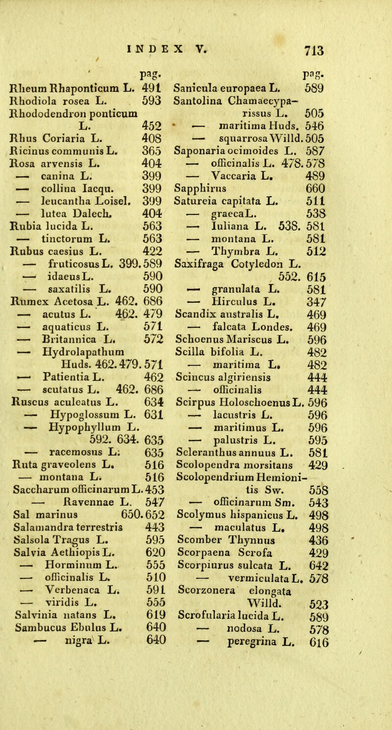 pag. Rlieum Rhaponticum L. 491 Rhodiola rosea L. 593 Rhododendxoii ponticum L. 452 Rhus Coriaria L. 408 Ricinus communis L. 365 Rosa arvensis L. 404 — canina L. 399 ~ coUina lacqu. 399 — leucantha Loisel. 399 — lutea Dalech, 404 Rubia lucida L. 563 — tinctorum L. 563 Rubus caesius L. 422 — fruticosusL. 399.589 — idaeusL. 590 — saxatilis L. 590 Rumex Acetosa L. 462. 686 — acutus L. 462. 479 — aquaticus L. 571 — Britannica L. 572 Hydrolapathum Huds. 462.479.571 — Patientia L. 462 — scutatus L. 462. 686 Ruscus aculeatus L. 634 — Hypoglossum L. 631 — Hypophyllum L. 592. 634. 635 — racemosus L; 635 Ruta graveolens L. 516 — montana L. 516 Saccharum officinarum L. 453 — Ravennae L. 547 Sal marinus 650.652 Salaniandraterrestris 443 Salsola Tragus L. 595 Salvia AethiopisL. 620 — Horminum L. 555 — officinalis L. 510 — Verbenaca L. 591 — viridis L. 555 Salvinia natans L. 619 Sambucus Ebulus L. 640 — nigra L. 640 Sanicula europaea L. 589 Santolina Chamaecypa- rissus L, 505 — maritima Huds. 546 — squarrosaWilld.505 Saponaria ocimoides L. 587 — officinalisL. 478.578 — Vaccaria L. 489 Sapphirus 660 Satureia capitata L. 511 — graccaL. 538 — luliana L. 538. 581 — niontana L. 581 — Thymbra L. 512 Saxifraga Cotyledon L. 552. 615 — granulata L. 581 — Hirculus L. 347 Scandix australis L, 469 — falcata Londes. 469 Schoenus Mariscus L. 596 Scilla bifolia L. 482 — maritima L. 482 Scincus algiriensis 444 — officinalis 444 Scirpus HoloschoenusL. 596 — lacustris L. ,596 — marilimus L. 596 — palustris L. 595 Scleranthus annuus L. 581 Scolopendra morsitans 429 Scolopendrium Hemioni- tis Sw. 558 — officinarum Sm. 543 Scolymus hispanicus L. 498 — maculatus L, 498 Scomber Thynnus 436 Scorpaena Scrofa 429 Scorpiurus sulcata L. 642 — vermiculataL, 578 Scorzonera elongata Willd. 523 ScrofularialucidaL. 589 — nodosa L. 578 — peregrina L. 6l6