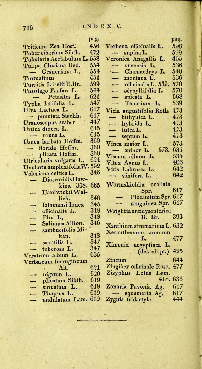 pag. Triticum Zea Host. 456 Tuber cibarium Sibtb. 472 Tubularia Acetabulum L. 558 Tulipa Clusiana Red, 554 — Gesneriana L. 554 Turmalinus 451 Turritis LoseliiR.Br. 599 Tussilago Farfara L. 544 — Petasites L. 621 Typba latifolia L. 547 Ulva Lactuca L. 617 —• punctata Stackh. 617 Uranoscopus scabtr 447 Urtica dioeca L. 615 — iirens Li. 615 Usnea barbata HoiFm. 360 — florida HofiFm. 360 — plicata Hoffm. 360 Utricularia vulgaris L. 624 Uvularia amplexifoliaW. 592 Valeriana celtica L. 346 — Dioscoridis Haw- kins. 348. 665 — HardwickiiWal- licli. 346 — latamansi lones. 345 — cfHcinalis L. 348 — Phu L. 348 — Saliunca AlHon. 346 — sambucifolia Mi- ~ kan. 348 .— saxatilis L. 347 —- tuberosa L. 347 Veratrum album L. 635^ Verbascum ferrugineum Ait. 621 — nigrum Jj. 620 — plicatum Sibth. 619 — sinuatum L. 619 — Thapsus L. 619 — undulatura Lam. 619 598 599 465 536 540 536 Verbena olEcinalis L. — supina L. Veronica Anagallis L. — arvensis L. Chamaedrys L. —- montana L. — officinalis L. 539. 570 ■— serpyllifolia L. 570 — spicata L. 568 — Teucrium L. 539 Vicia angustifolia RoLh. 473 —' bithynica L. 473 — hybrida L. 473 —■ luteaL. 473 — sepium L, 473 Vinca maior L. 573 — minor L. 573. 635 Viscnm album L. 535 Vitex Agnus L. 406 Vitis Labrusca L. 642 — vinifera L. 642 Wormskioldia ocellata Spr. 617 — PlocamiumSpr, 617 — sanguinea Spr. 617 Wrightia antidysenterica R. Br. 393 Xanthium strumarium L. 632 Xeranthemum annuum L. 477 Ximenia aegyptiaca L. , (del. ellipt.) 425 Zincum 644 Zingiber officinale Rosc, 477 Zizyphus Lotus Lam. 418. 636 Zonaria Pavonia Ag. 617 —■ squamaria Ag. 617 Zygnis tridactyla 444