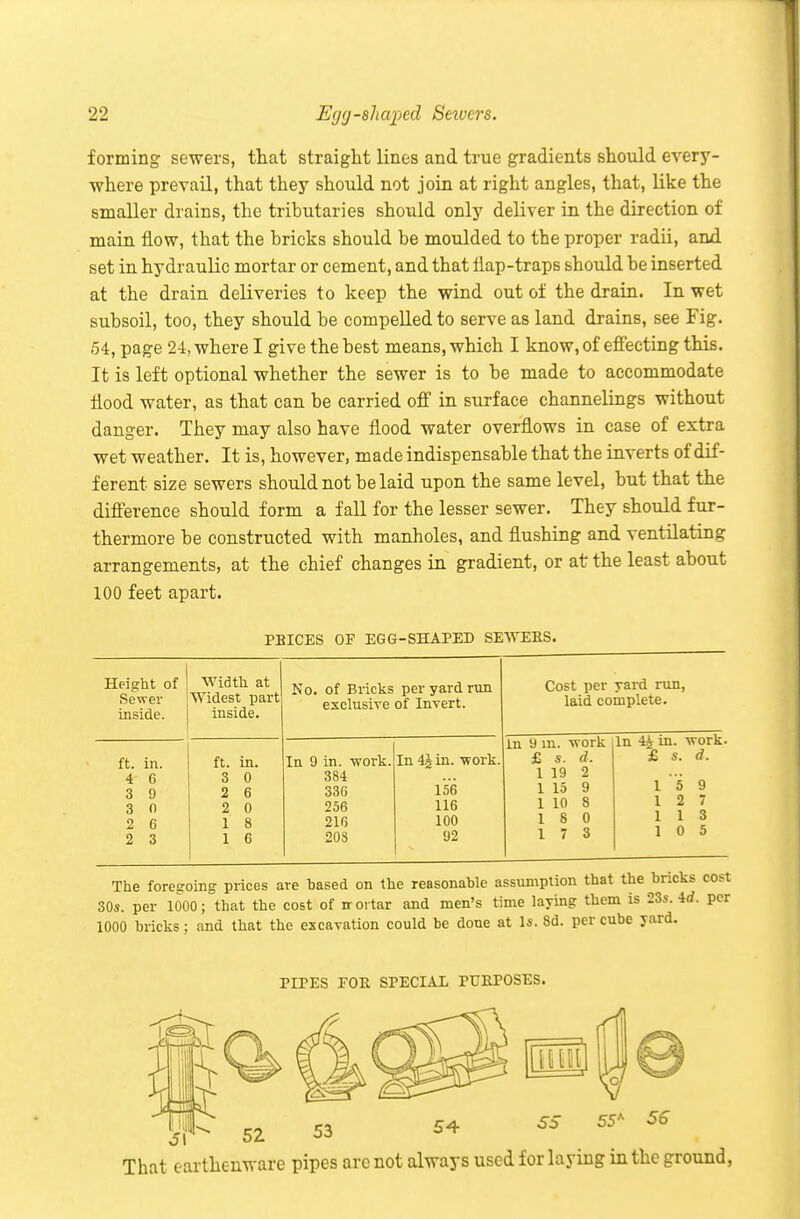 forming sewers, that straight lines and true gradients should every- where prevail, that they should not join at right angles, that, like the smaller drains, the tributaries should only deliver in the direction of main flow, that the bricks should be moulded to the proper radii, and set in hydraulic mortar or cement, and that flap-traps should be inserted at the drain deliveries to keep the wind out of the drain. In wet subsoil, too, they should be compelled to serve as land drains, see Fig. 54, page 24, where I give the best means, which I know, of effecting this. It is left optional whether the sewer is to be made to accommodate flood water, as that can be carried off in surface channelings without danger. They may also have flood water overflows in case of extra wet weather. It is, however, made indispensable that the inverts of dif- ferent size sewers should not belaid upon the same level, but that the difference should form a fall for the lesser sewer. They should fur- thermore be constructed with manholes, and flushing and ventilating arrangements, at the chief changes in gradient, or at the least about 100 feet apart. PBICES or EGG-SHAPED SEWEES. Height of Sewer inside. Width at Widest part inside. No. of Bricks per yard run exclusive of Invert. Cost per yard run, laid complete. ft. in. 4 6 3 9 3 n 2 6 2 3 ft. in. 3 0 2 6 2 0 1 8 1 6 In 9 in. work. 384 336 256 216 203 In 4^ in. -work. 156 116 100 92 in 9 in. work £ s. d. 1 19 2 1 15 9 1 10 8 18 0 1 7 3 In 4A in. worK. £ s. d. 1 5 9 1 2 7 1 1 3 1 0 5 The foregoing prices are based on the reasonable assuniption that the bricks cost 305. per 1000 ; that the cost of nrortar and men's time laying them is 23s. id. per 1000 bricks; and that the escaTation could be done at U. 8d. per cube yard. PIPES EOE SPECIAL PTJEPOSES. HiiU SS 56 That earthenware pipes arc not always used for laying in the ground,