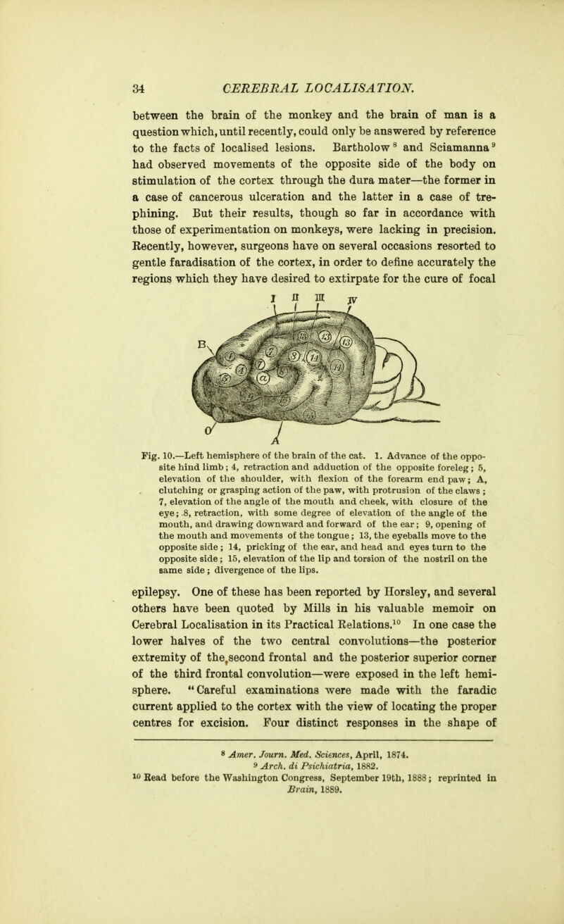 between the brain of the monkey and the brain of man is a question which, until recently, could only be answered by reference to the facts of localised lesions. Bartholow ^ and Sciamanna ^ had observed movements of the opposite side of the body on stimulation of the cortex through the dura mater—the former in a case of cancerous ulceration and the latter in a case of tre- phining. But their results, though so far in accordance with those of experimentation on monkeys, were lacking in precision. Recently, however, surgeons have on several occasions resorted to gentle faradisation of the cortex, in order to define accurately the regions which they have desired to extirpate for the cure of focal Fig. 10.—Left hemisphere of the brain of the cat. 1. Advance of the oppo- site hind limb; 4, retraction and adduction of the opposite foreleg; 5, elevation of the shoulder, with flexion of the forearm end paw; A, clutching or grasping action of the paw, with protrusion of the claws ; 7, elevation of the angle of the mouth and cheek, with closure of the eye; .8, retraction, with some degree of elevation of the angle of the mouth, and drawing downward and forward of the ear; 9, opening of the mouth and movements of the tongue; 13, the eyeballs move to the opposite side ; 14, pricking of the ear, and head and eyes turn to the opposite side; 15, elevation of the lip and torsion of the nostril on the same side ; divergence of the lips. epilepsy. One of these has been reported by Horsley, and several others have been quoted by Mills in his valuable memoir on Cerebral Localisation in its Practical Relations.^ In one case the lower halves of the two central convolutions—the posterior extremity of the^second frontal and the posterior superior corner of the third frontal convolution—were exposed in the left hemi- sphere. Careful examinations were made with the faradic current applied to the cortex with the view of locating the proper centres for excision. Four distinct responses in the shape of 8 Amer. Journ. Med. Sciences, April, 1874. 9 Arch, di Psichiatria, 1882. 10 Bead before the Washington Congress, September 19th, 1888; reprinted in Brain, 1889.