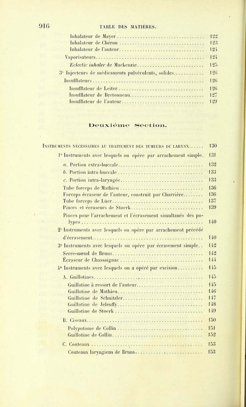 Inhalateur de Mayer l^iïJ Inhalateur de Chéron lld Inhalateur de l'auteur '. 12i V'aporisateurs 124 Eclectic inhaler de Mackenzie 125 3° Injecteurs de médicaments pulvérulents, solides 126 Insufilateurs 120 Insufflateur de Leiter 126 Insufflateur de Bretonneau 127 Insufflateur de l'auteur 129 DeiaxLièiiae Section. Instruments nécessaires au traitement des tumeurs du larynx 130 1° Instruments avec lesquels on opère par arrachement simple. 131 a. Portion extra-buccale 132 Portion intra-buccale 133 r. Portion intra-laryngée 133 Tube forceps de Mathieu 136 Forceps écraseur de l'auteur, construit par Charrière 136 Tube forceps de Lûer 137 Pinces et écraseurs de Stoerk 139 Pinces pour l'arrachement et l'écrasement simultanés des po- lypes 140 2 Instruments avec lesquels on opère par arrachement précédé d'écrasement 140 3° Instruments avec lesquels on opère par écrasement simple.. 142 Serre-nœud de Bruns 142 Écraseur de Chassai gnac 144 ■1° Instruments avec lesquels on a opéré par excision 145 A. Guillotines 145 Guillotine à ressort de l'auteur 145 Guillotine de Mathieu 146 Guillotine de Schnitzler 147 Guillotine de Jelenfl'y 148 Guillotine de Stoerk 149 B. Ciseaux 150 Polypotonie de Collin 151 Guillotine de Collin 152 C. Couteaux 153 Couteaux laryngiens de Bruns 153